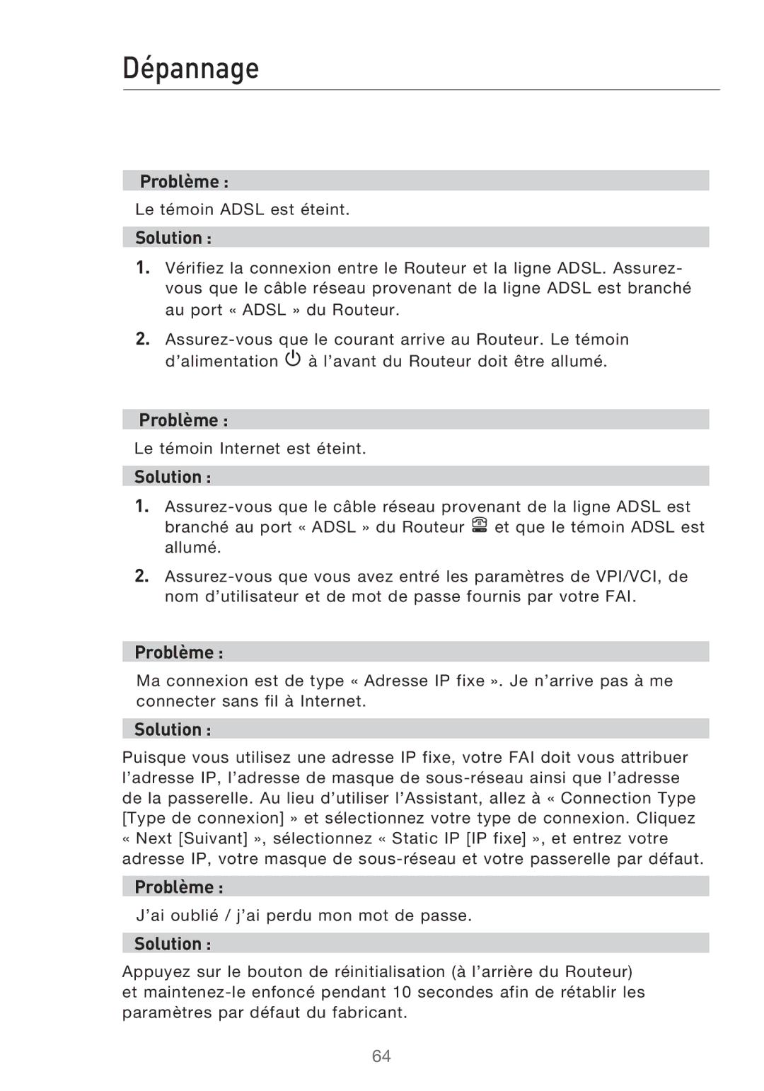 Belkin F5D9630UK4A user manual Dépannage, Problème 