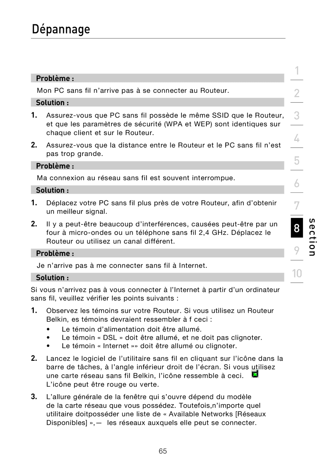 Belkin F5D9630UK4A user manual Mon PC sans fil n’arrive pas à se connecter au Routeur 