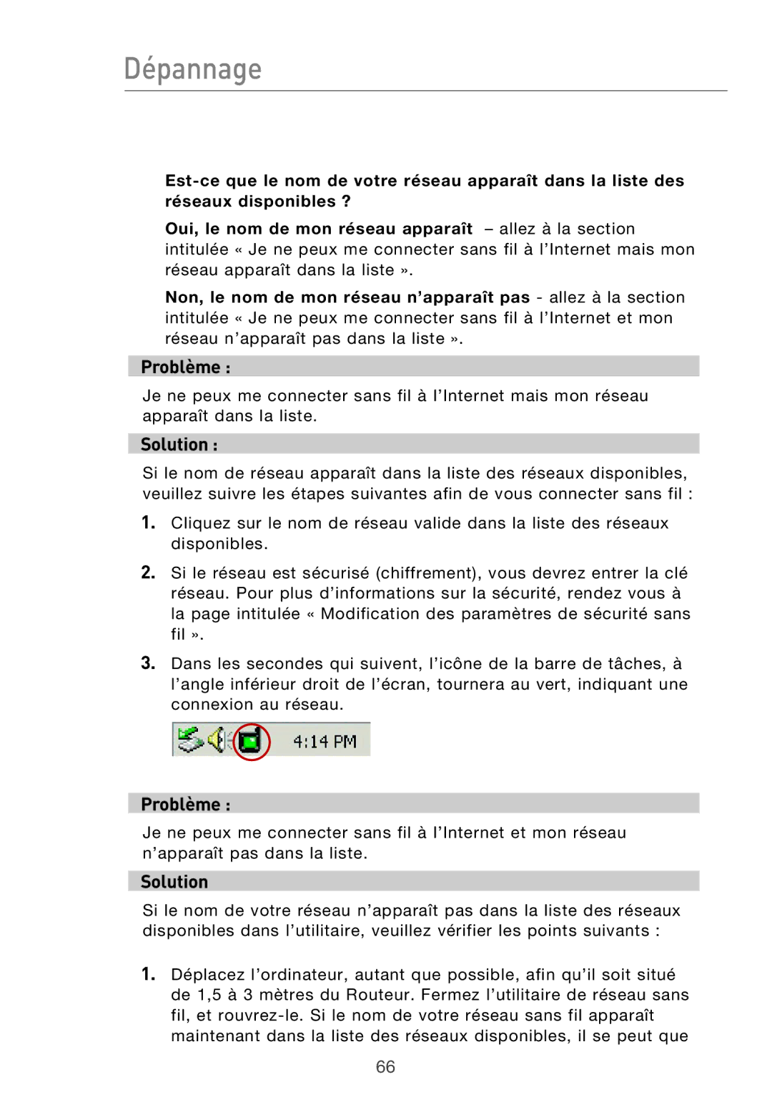 Belkin F5D9630UK4A user manual Dépannage 