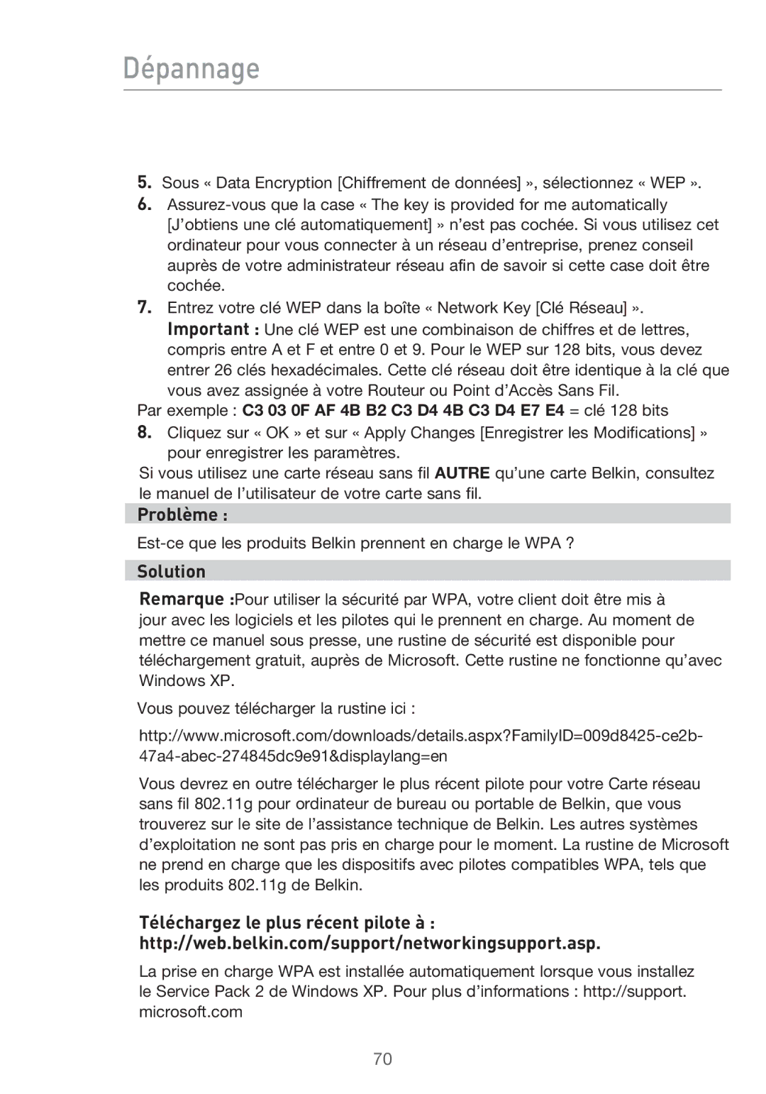 Belkin F5D9630UK4A user manual Est-ce que les produits Belkin prennent en charge le WPA ? 