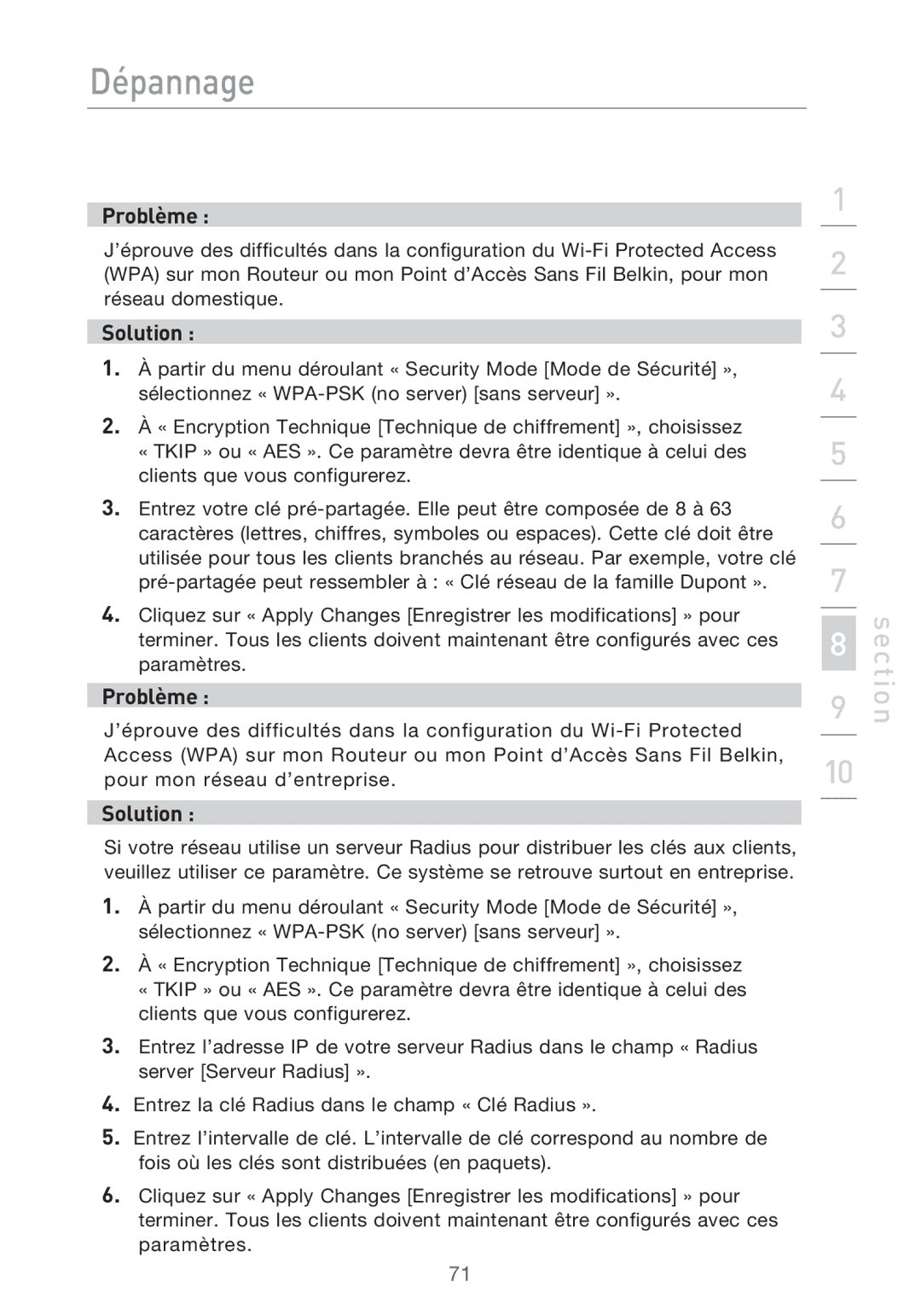 Belkin F5D9630UK4A user manual Dépannage 