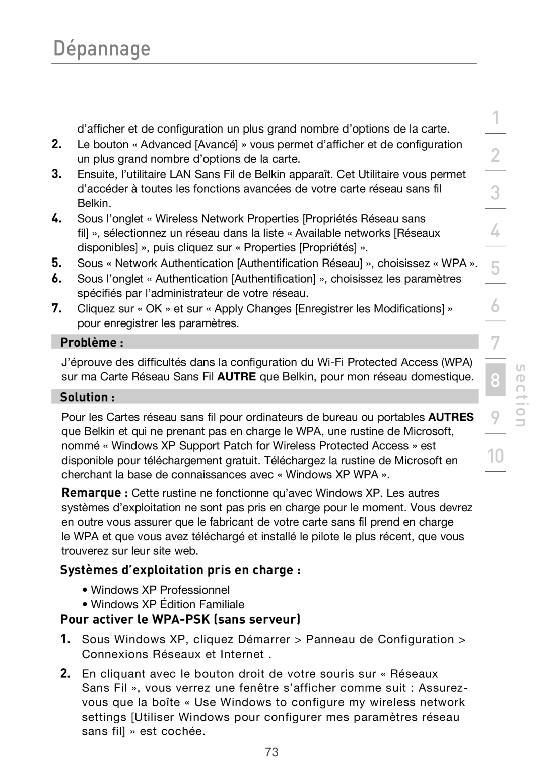 Belkin F5D9630UK4A user manual Systèmes d’exploitation pris en charge, Pour activer le WPA-PSK sans serveur 