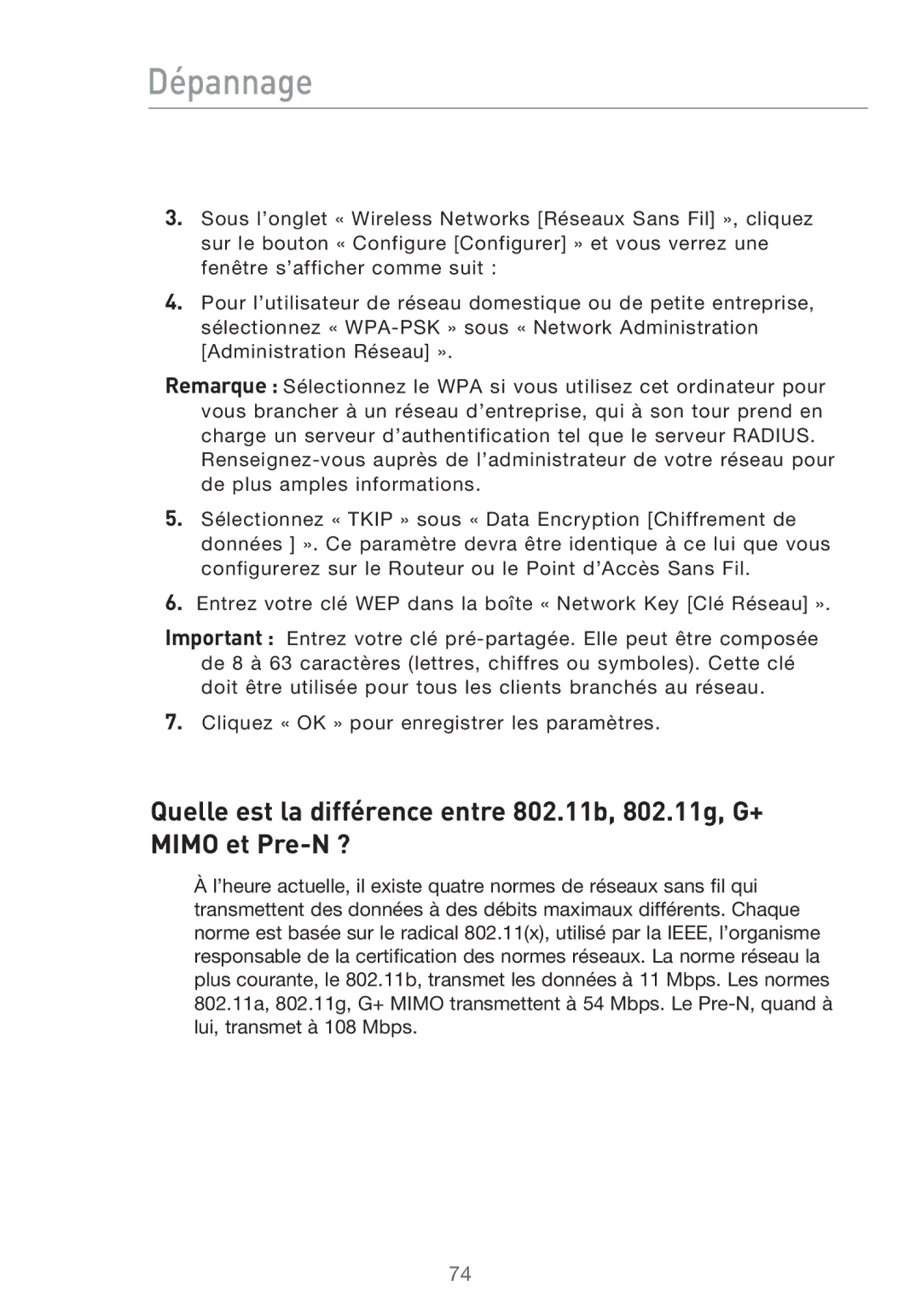 Belkin F5D9630UK4A user manual Dépannage 