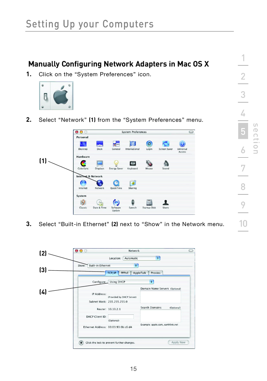 Belkin F5D9630UK4A user manual Manually Configuring Network Adapters in Mac OS 