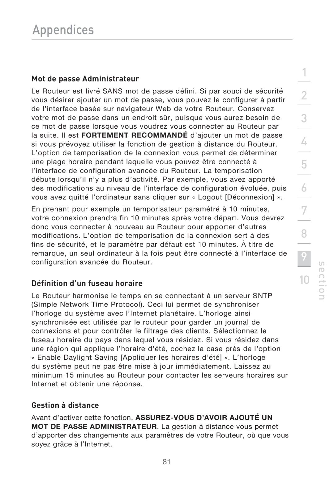 Belkin F5D9630UK4A user manual Mot de passe Administrateur, Gestion à distance 