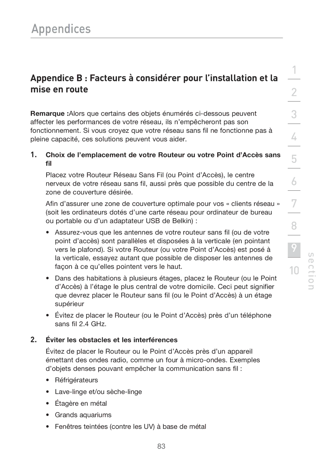 Belkin F5D9630UK4A user manual Éviter les obstacles et les interférences 