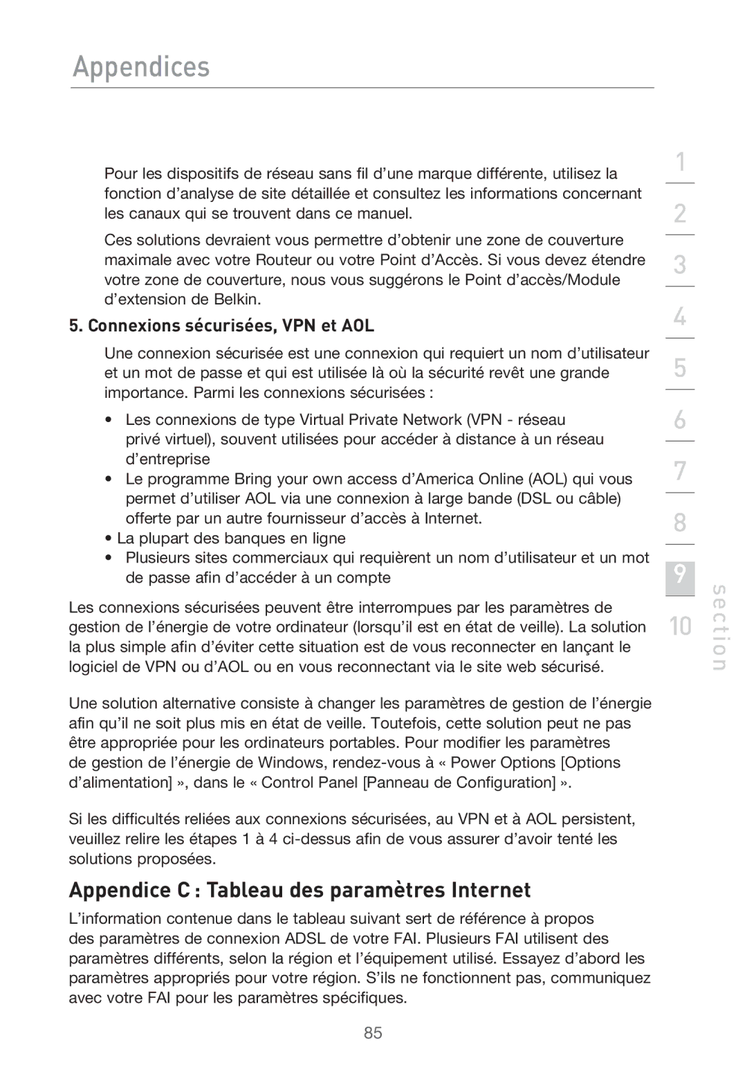 Belkin F5D9630UK4A user manual Appendice C Tableau des paramètres Internet, Connexions sécurisées, VPN et AOL 