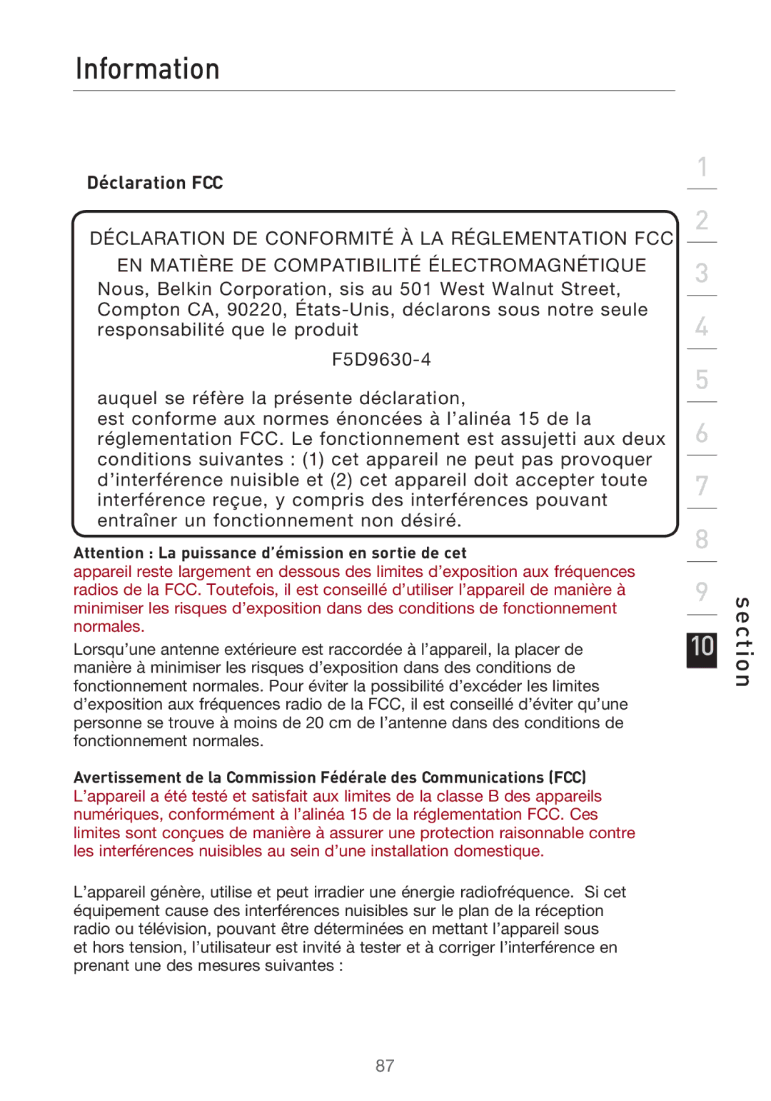 Belkin F5D9630UK4A user manual Information, Déclaration FCC 