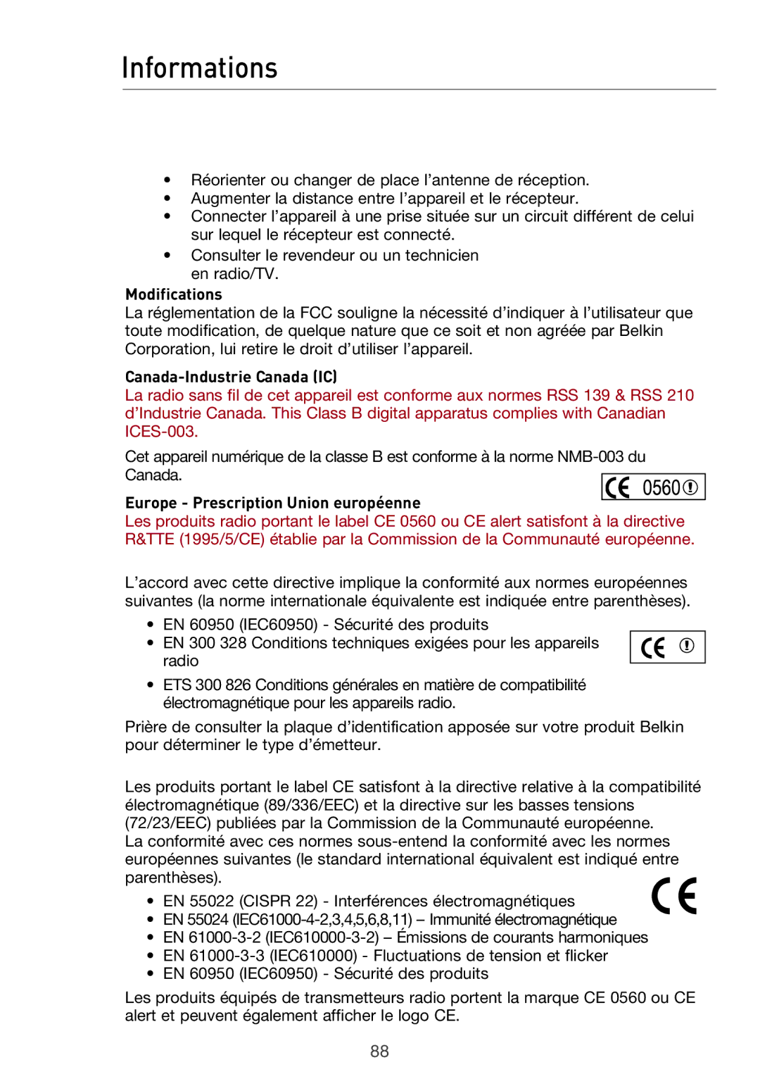 Belkin F5D9630UK4A user manual Informations, Canada-Industrie Canada IC, Europe Prescription Union européenne 