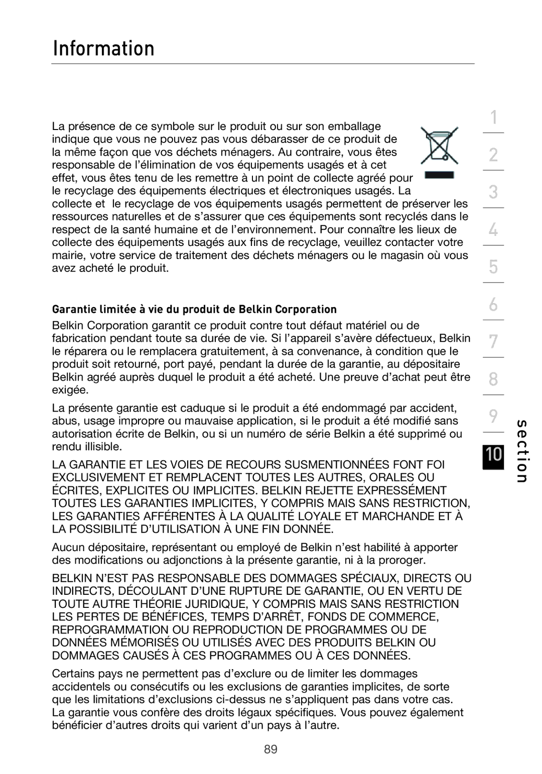 Belkin F5D9630UK4A user manual Garantie limitée à vie du produit de Belkin Corporation 