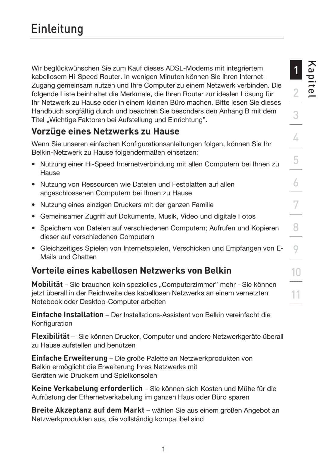 Belkin F5D9630UK4A user manual Einleitung, Vorzüge eines Netzwerks zu Hause, Vorteile eines kabellosen Netzwerks von Belkin 