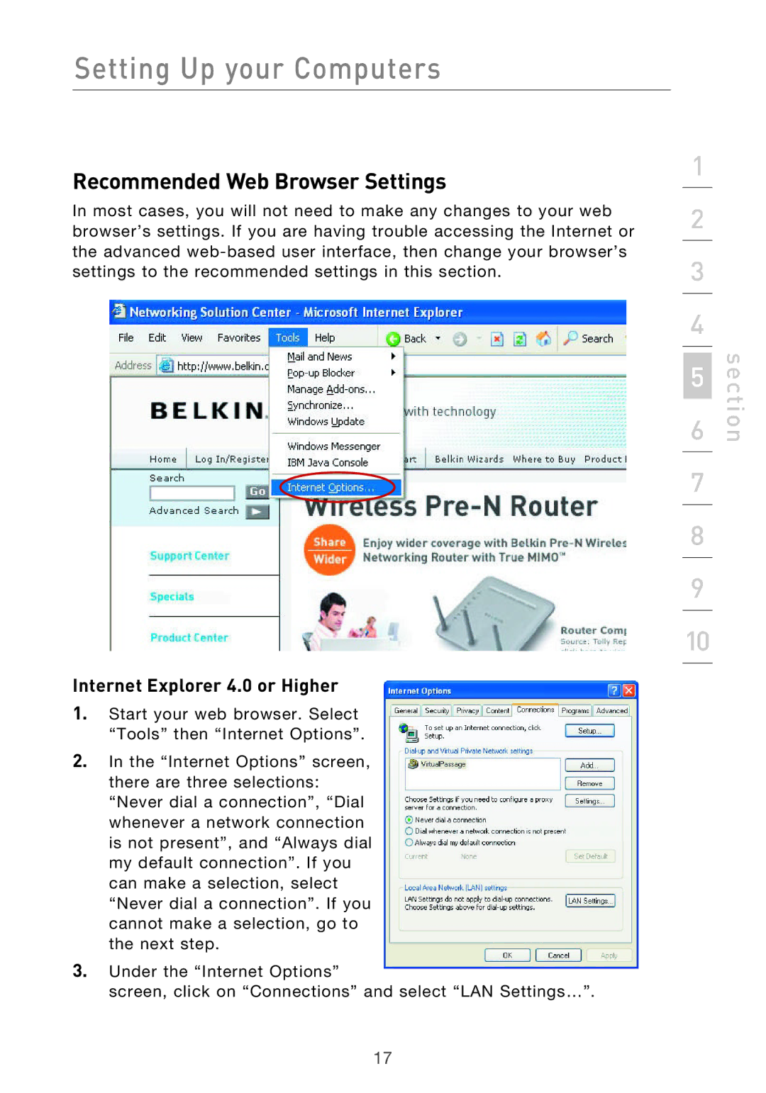 Belkin F5D9630UK4A user manual Recommended Web Browser Settings, Internet Explorer 4.0 or Higher 