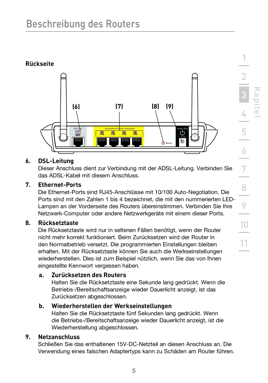 Belkin F5D9630UK4A Rückseite DSL-Leitung, Ethernet-Ports, Rücksetztaste, Zurücksetzen des Routers, Netzanschluss 