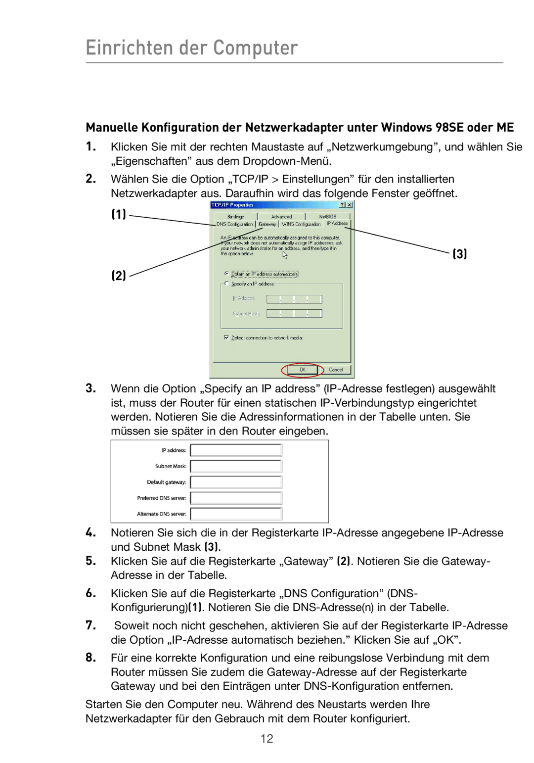 Belkin F5D9630UK4A user manual Einrichten der Computer 