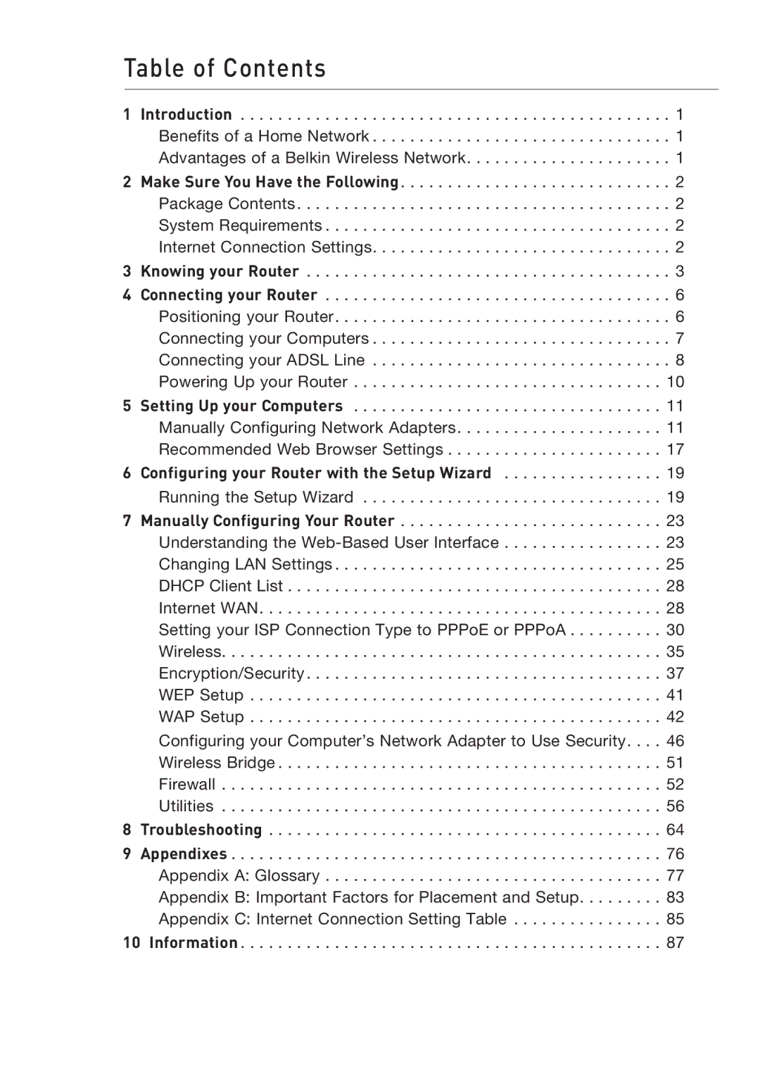 Belkin F5D9630UK4A user manual Table of Contents 