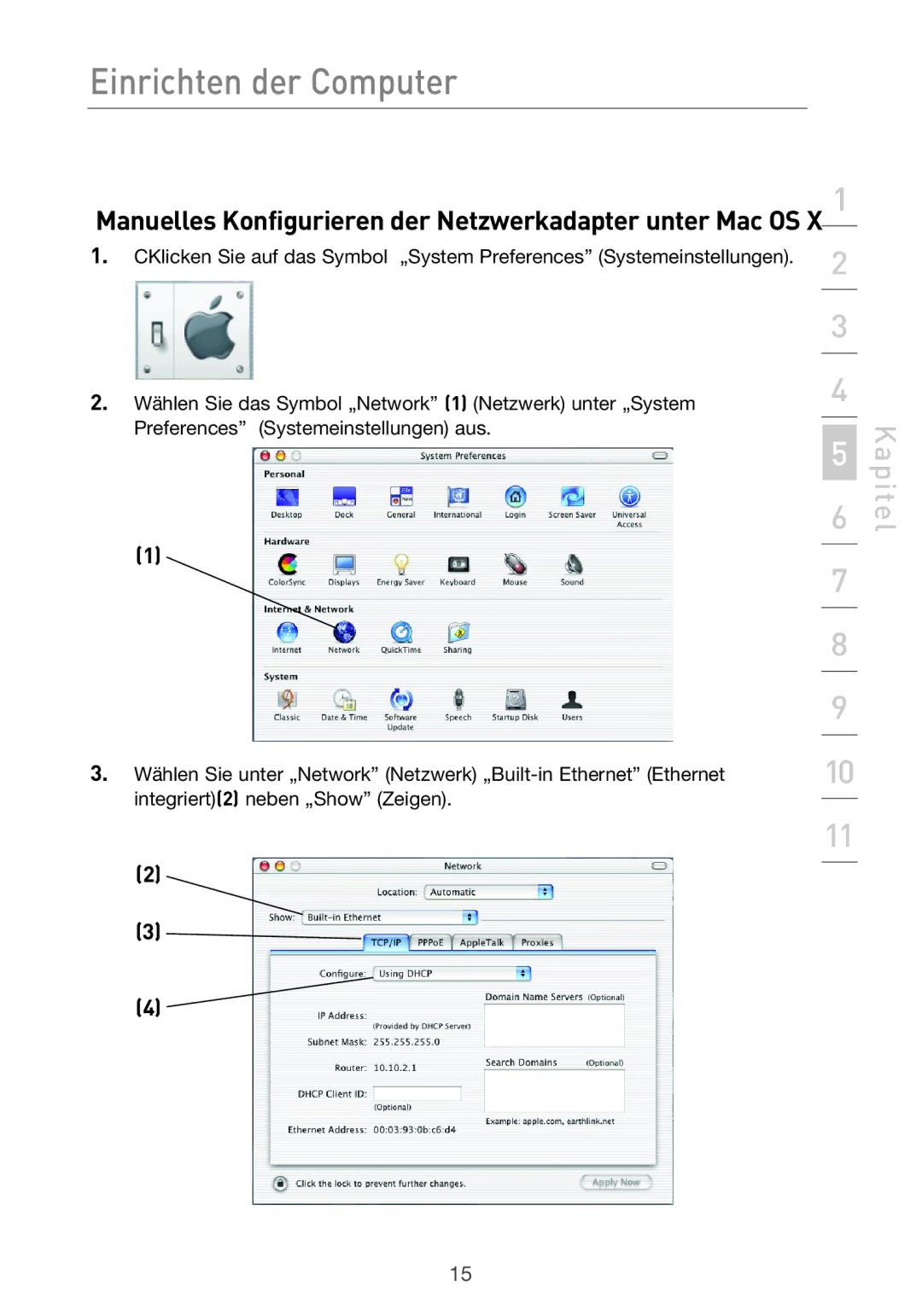 Belkin F5D9630UK4A user manual Manuelles Konfigurieren der Netzwerkadapter unter Mac OS X 