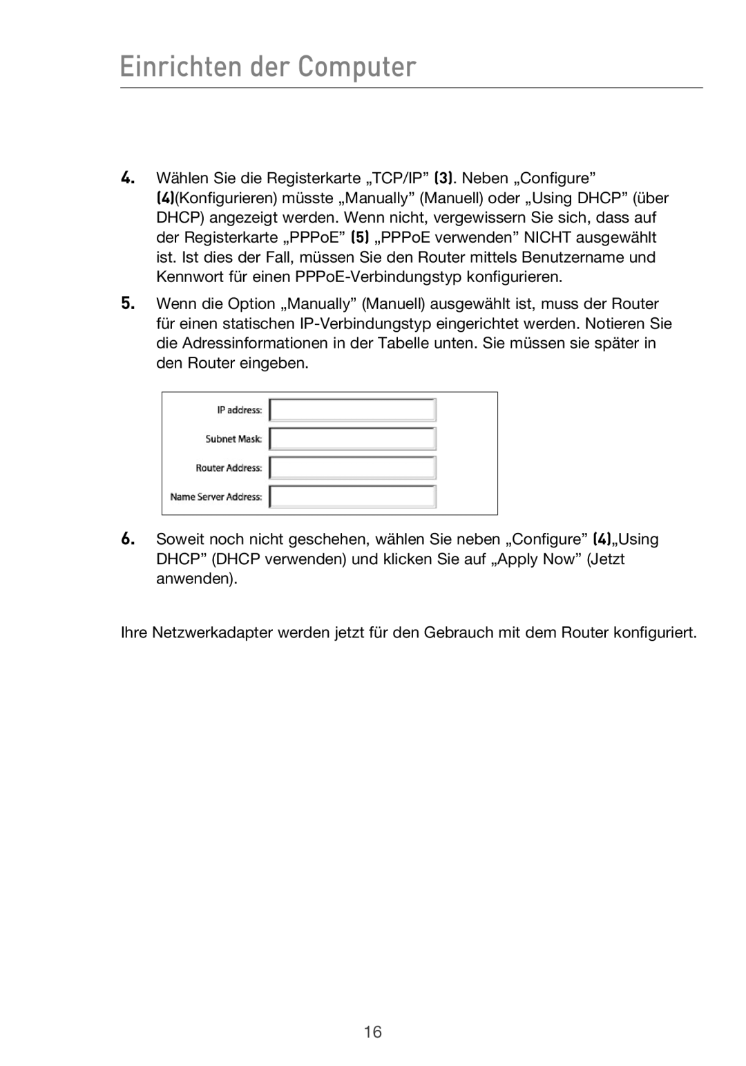 Belkin F5D9630UK4A user manual Einrichten der Computer 