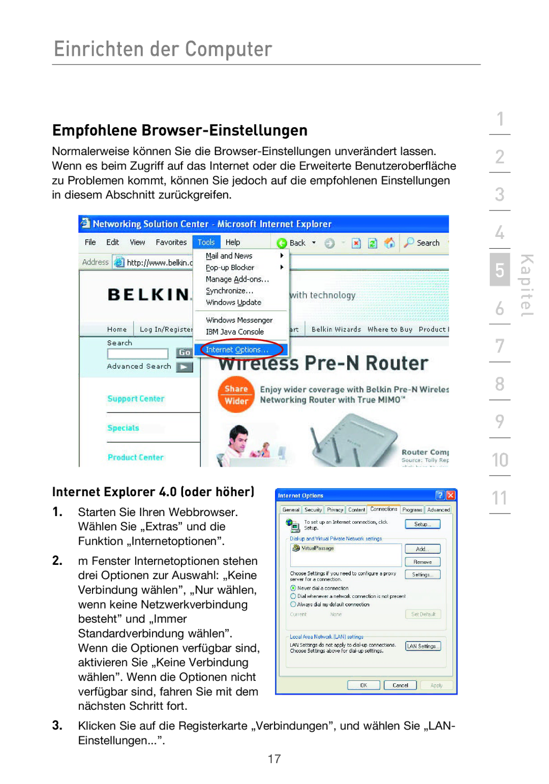 Belkin F5D9630UK4A user manual Empfohlene Browser-Einstellungen, Internet Explorer 4.0 oder höher 