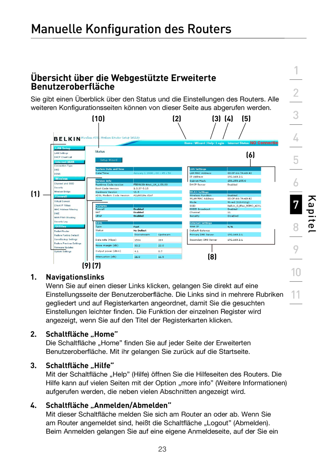 Belkin F5D9630UK4A Manuelle Konfiguration des Routers, Navigationslinks, Schaltfläche „Home, Schaltfläche „Hilfe 