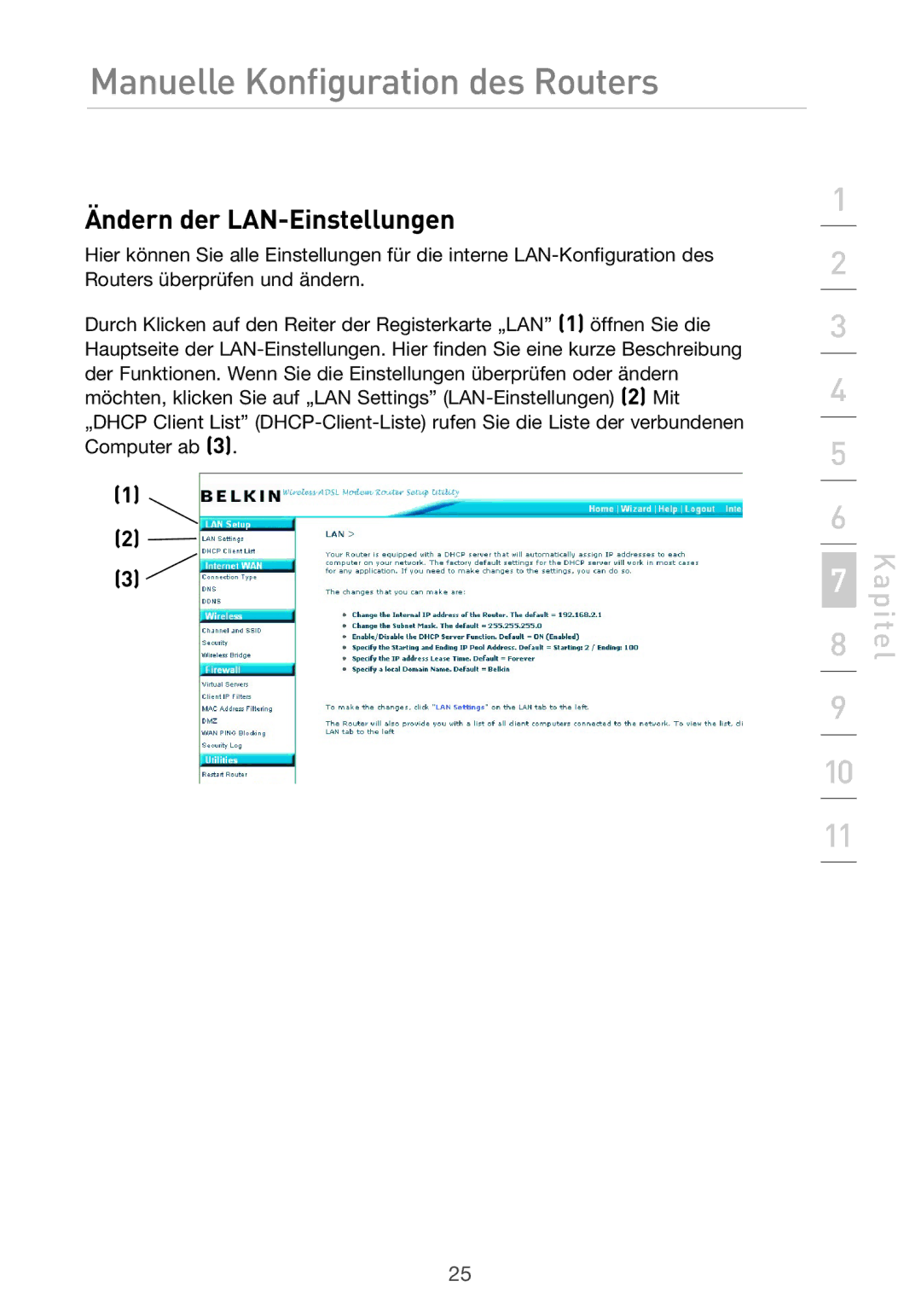 Belkin F5D9630UK4A user manual Ändern der LAN-Einstellungen 