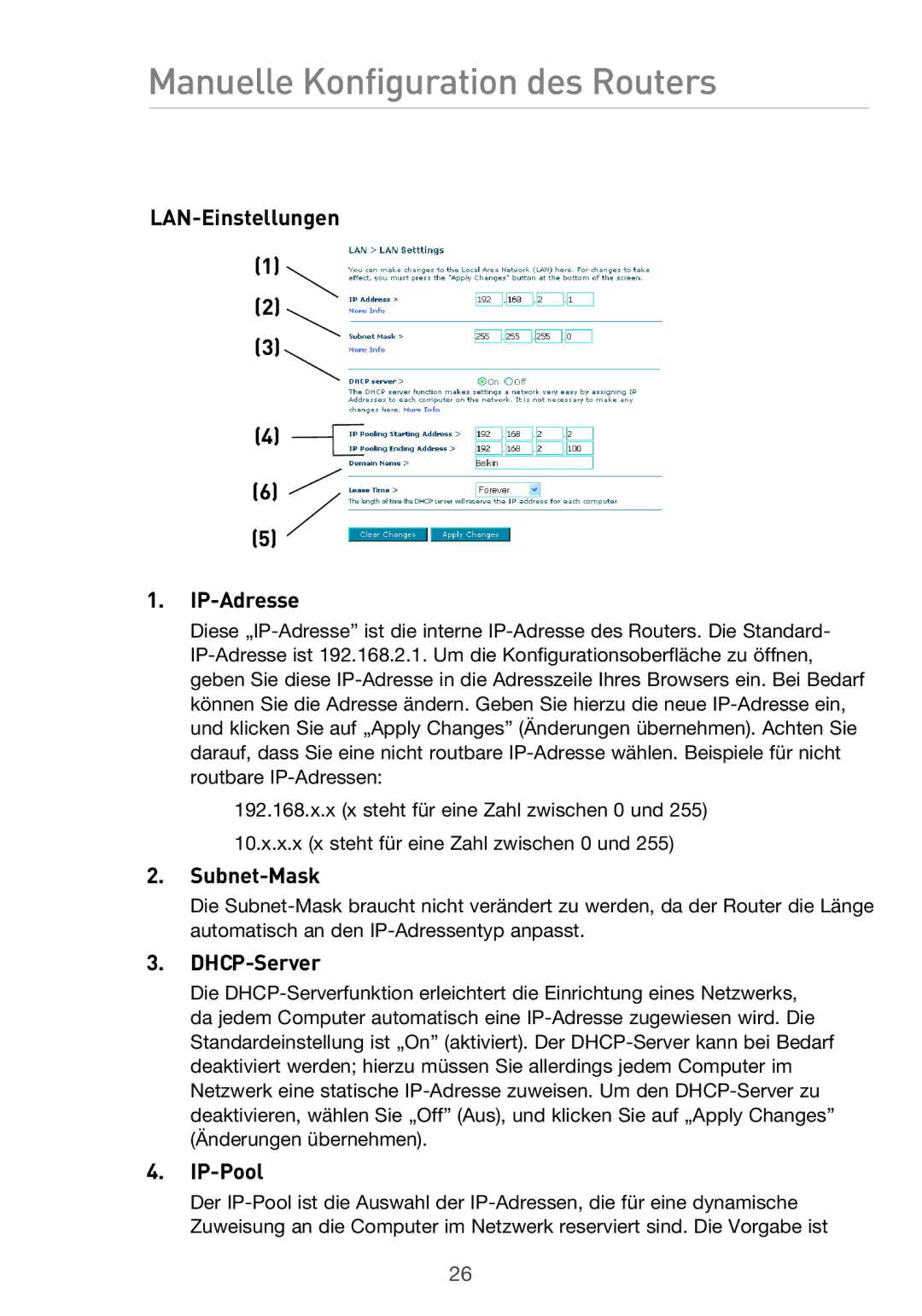 Belkin F5D9630UK4A user manual LAN-Einstellungen IP-Adresse, Subnet-Mask, DHCP-Server, IP-Pool 