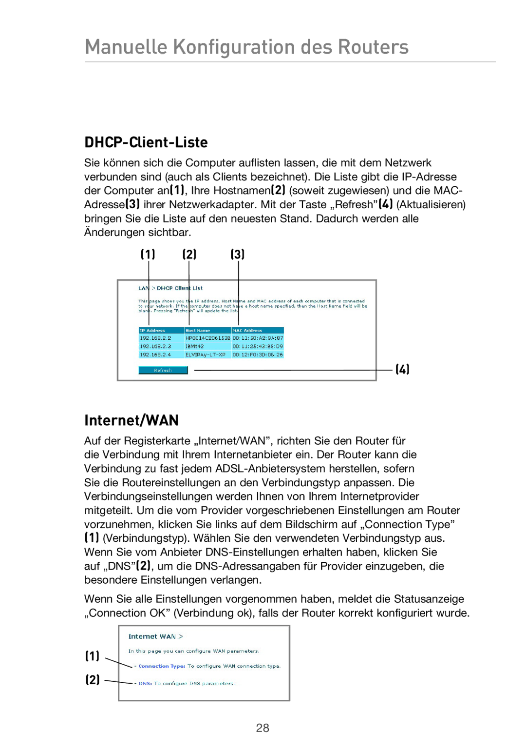 Belkin F5D9630UK4A user manual DHCP-Client-Liste, Internet/WAN 