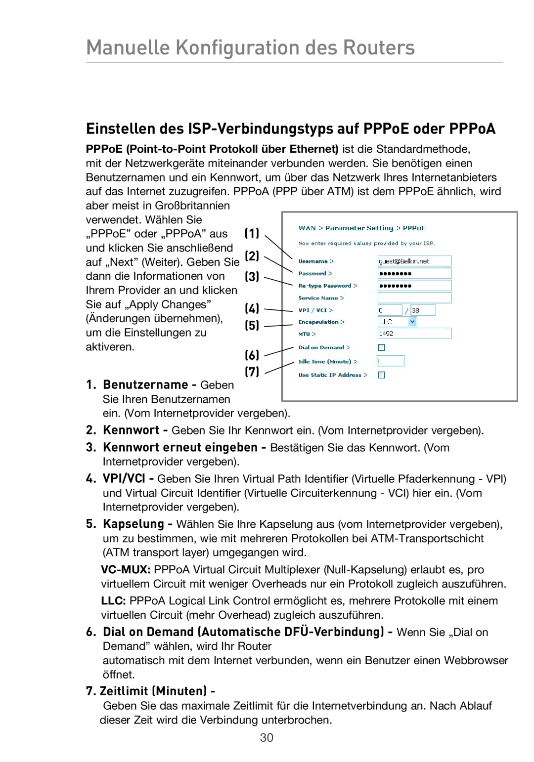 Belkin F5D9630UK4A Einstellen des ISP-Verbindungstyps auf PPPoE oder PPPoA, Benutzername Geben, Zeitlimit Minuten 