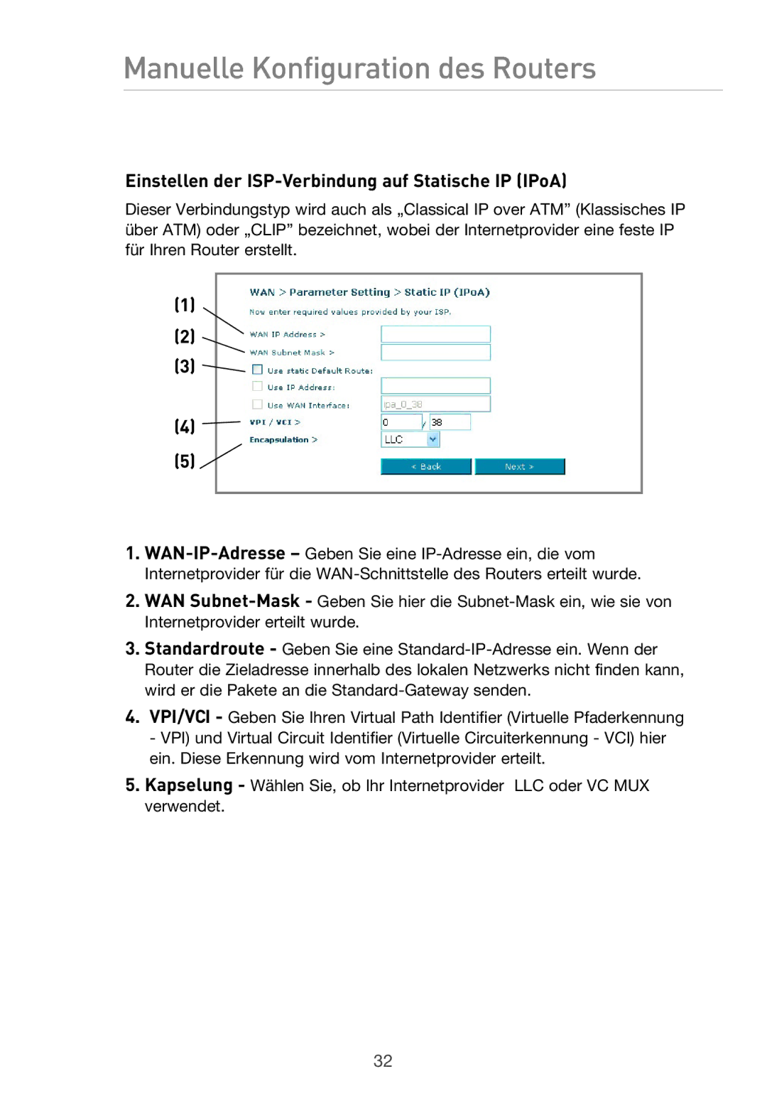 Belkin F5D9630UK4A user manual Einstellen der ISP-Verbindung auf Statische IP IPoA 