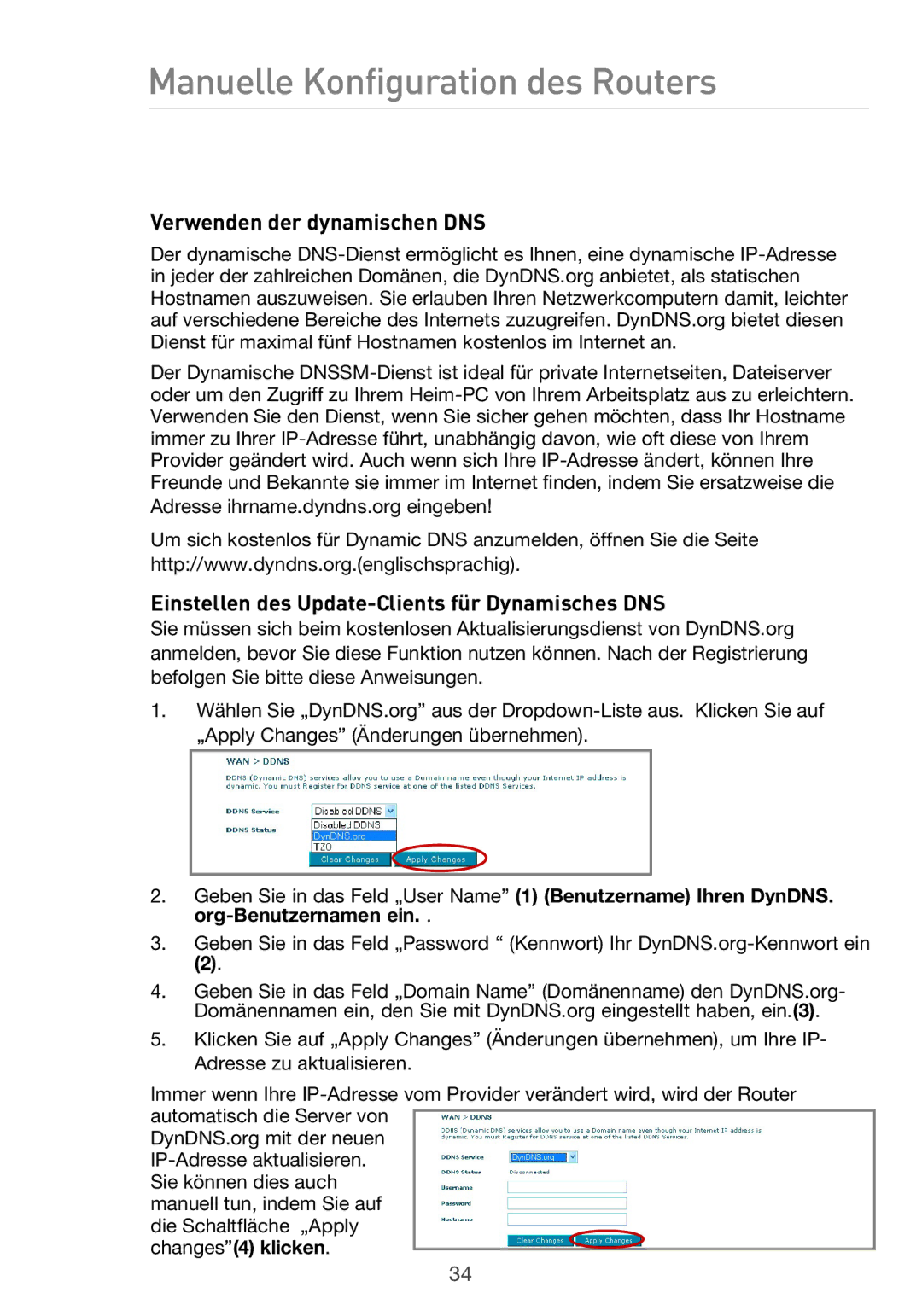 Belkin F5D9630UK4A user manual Verwenden der dynamischen DNS, Einstellen des Update-Clients für Dynamisches DNS 