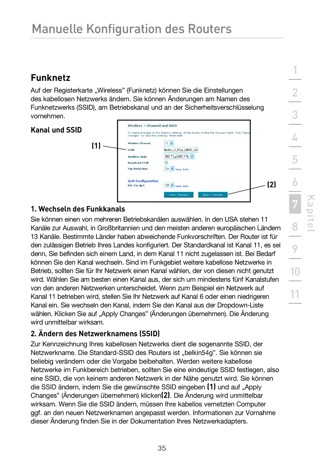 Belkin F5D9630UK4A user manual Funknetz, Kanal und Ssid Wechseln des Funkkanals, Ändern des Netzwerknamens Ssid 