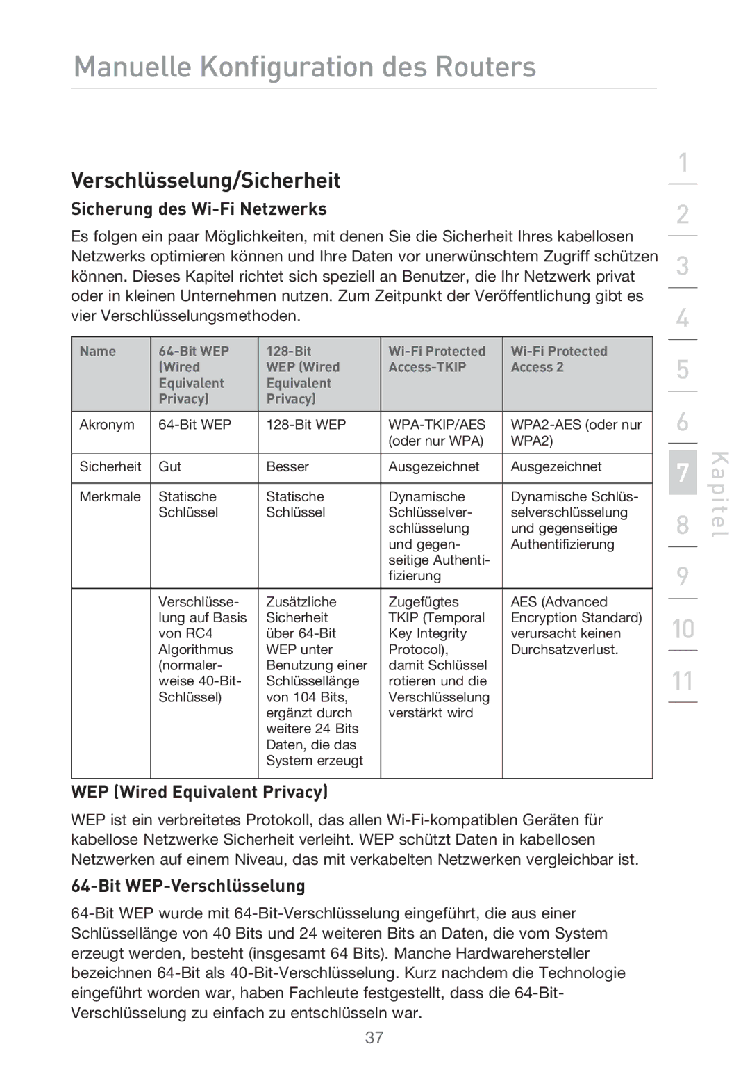 Belkin F5D9630UK4A user manual Verschlüsselung/Sicherheit, Sicherung des Wi-Fi Netzwerks, Bit WEP-Verschlüsselung 