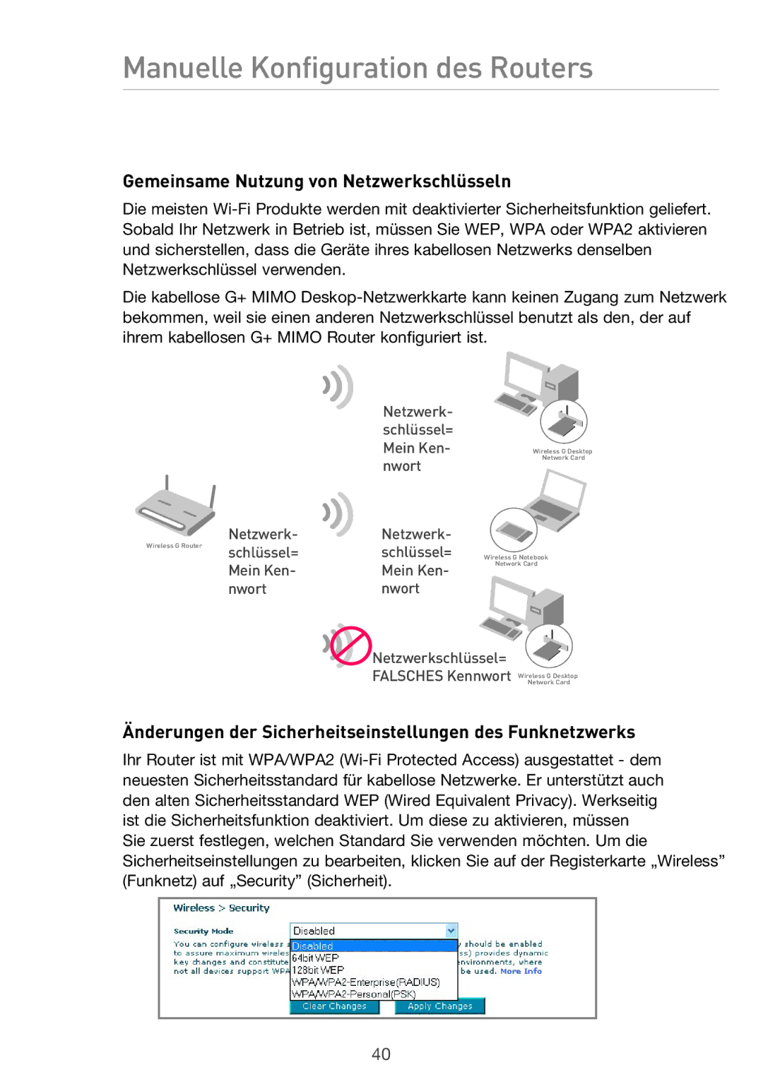 Belkin F5D9630UK4A Gemeinsame Nutzung von Netzwerkschlüsseln, Änderungen der Sicherheitseinstellungen des Funknetzwerks 