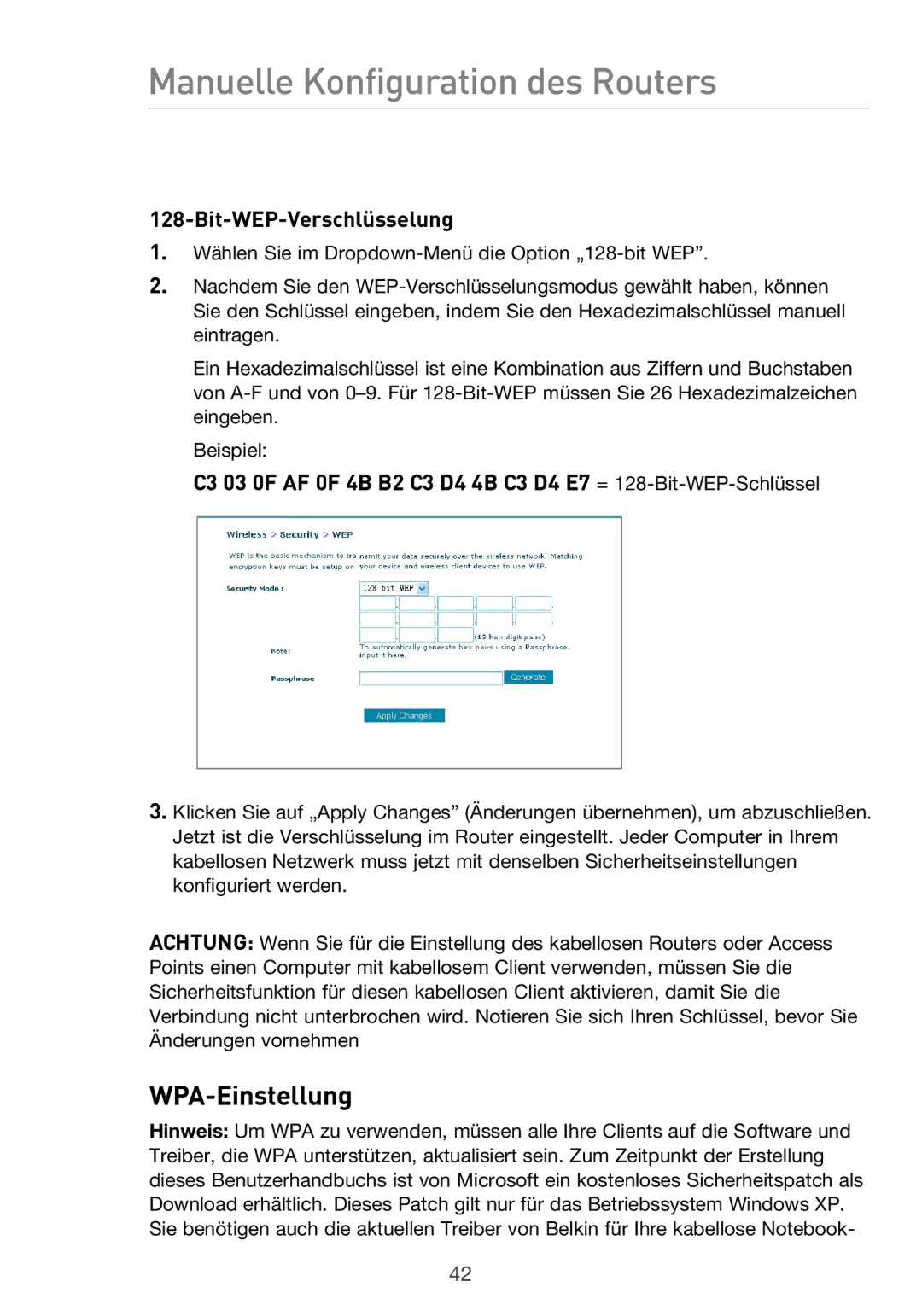 Belkin F5D9630UK4A user manual WPA-Einstellung 