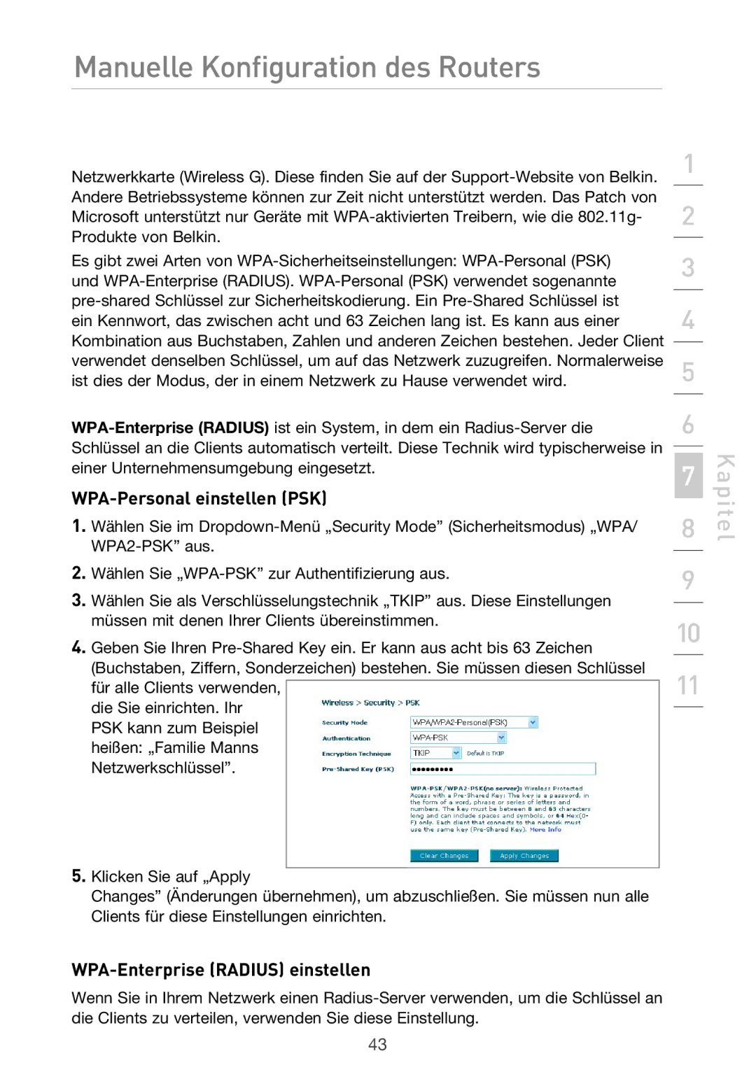 Belkin F5D9630UK4A user manual WPA-Personal einstellen PSK, WPA-Enterprise Radius einstellen 