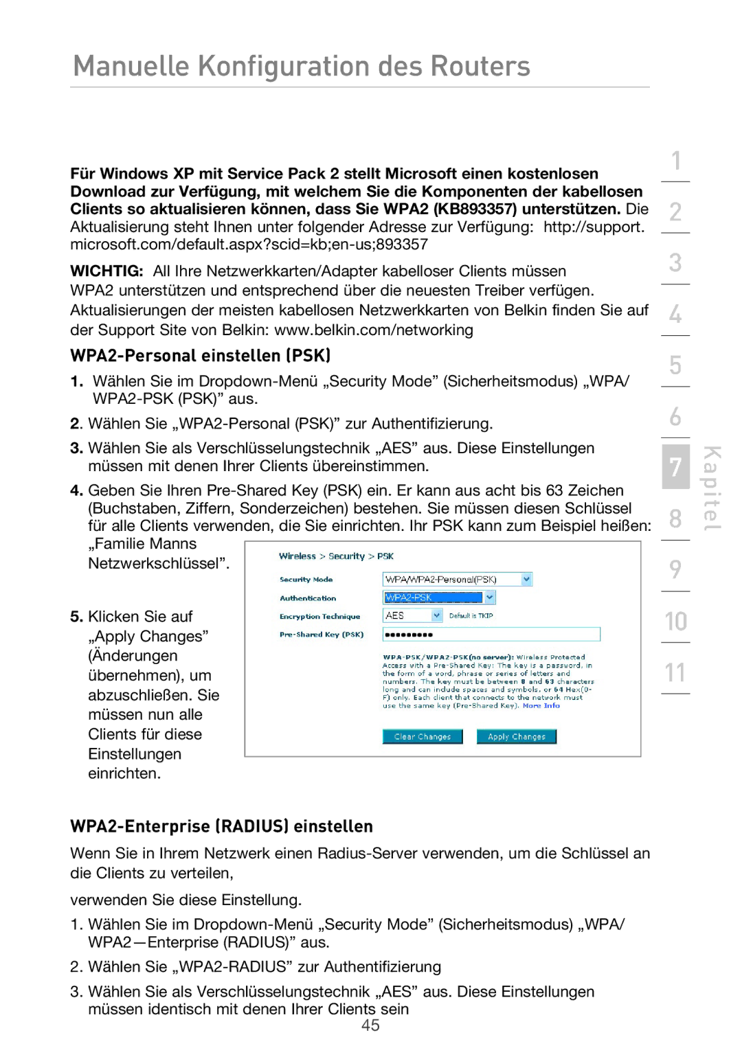 Belkin F5D9630UK4A user manual WPA2-Personal einstellen PSK, WPA2-Enterprise Radius einstellen 