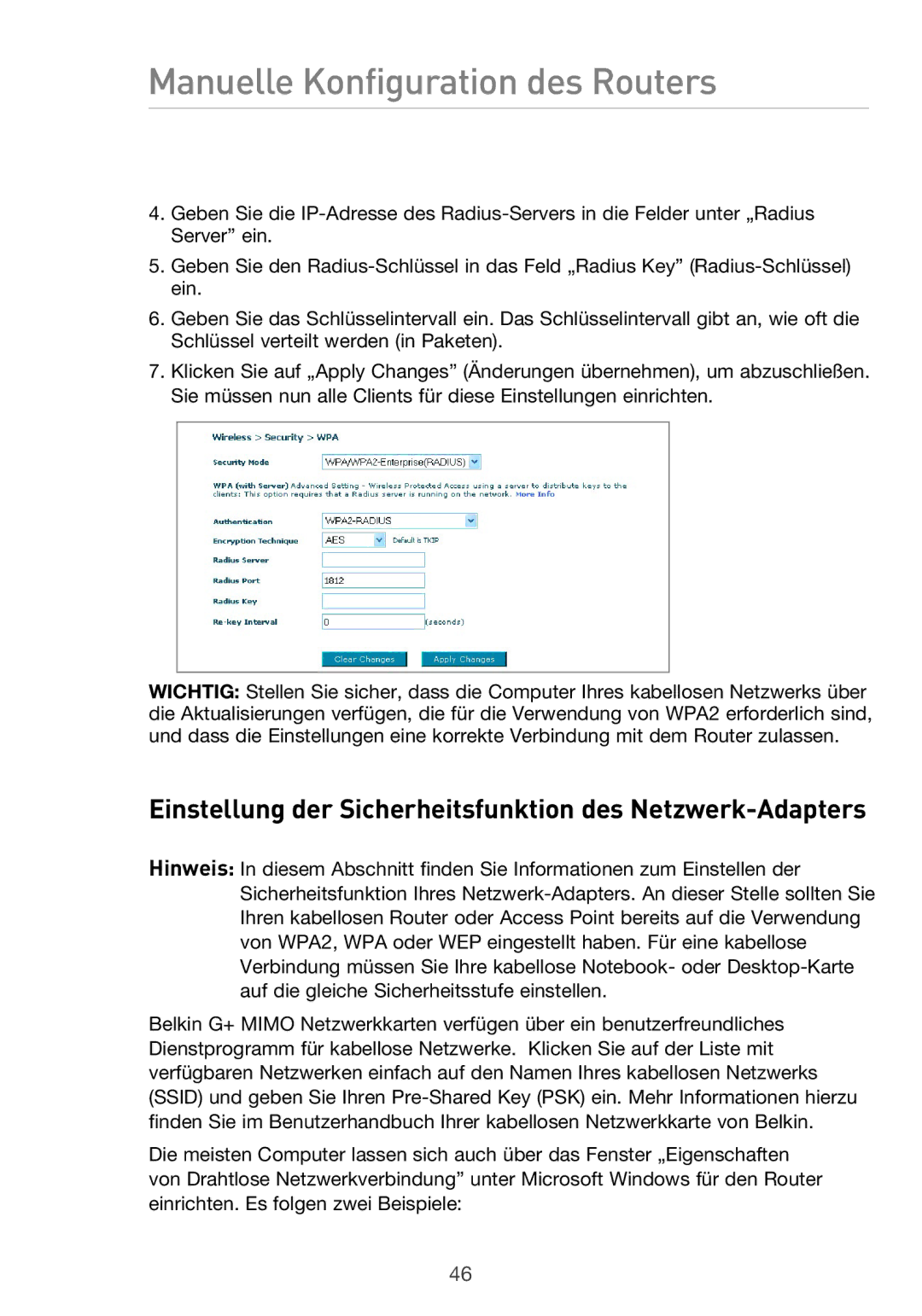 Belkin F5D9630UK4A user manual Einstellung der Sicherheitsfunktion des Netzwerk-Adapters 