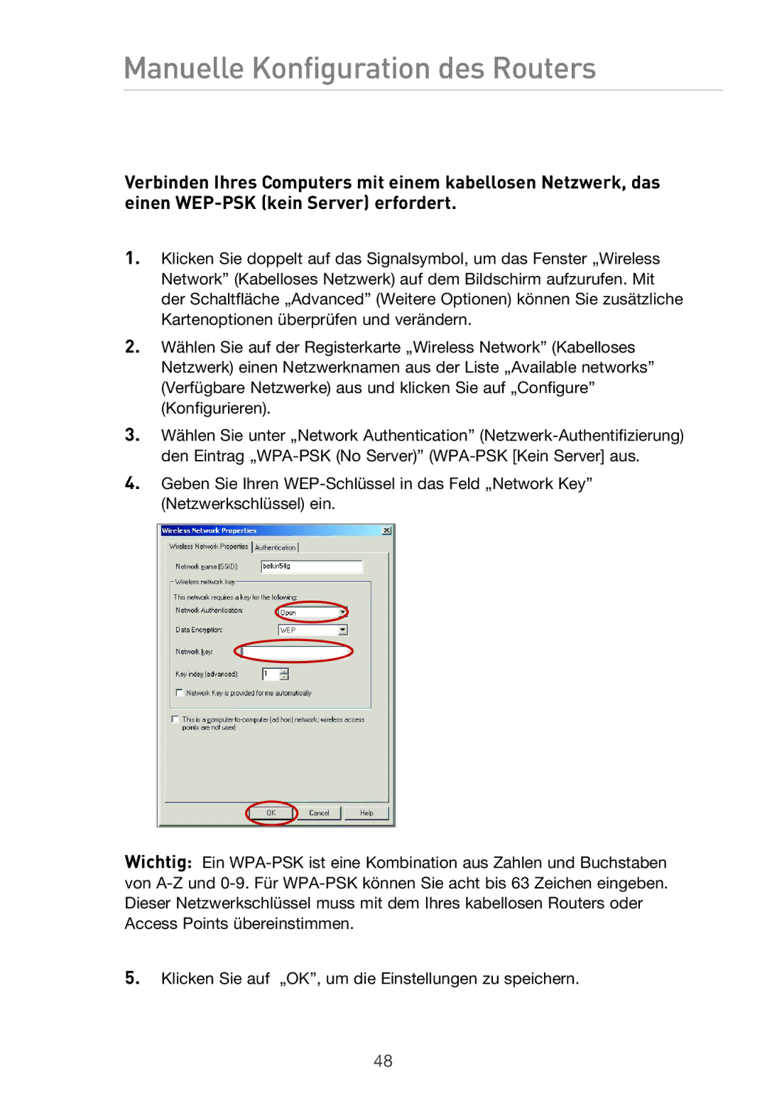 Belkin F5D9630UK4A user manual Manuelle Konfiguration des Routers 