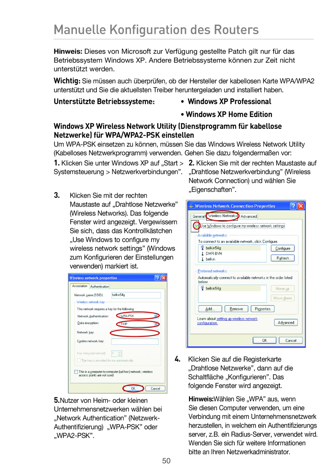 Belkin F5D9630UK4A user manual Unterstützte Betriebssysteme, „WPA2-PSK 