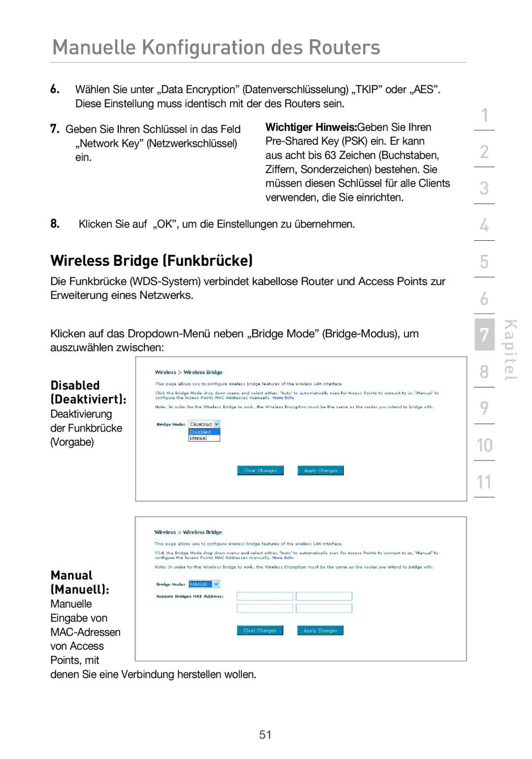 Belkin F5D9630UK4A user manual Wireless Bridge Funkbrücke, Disabled Deaktiviert, Manual Manuell 