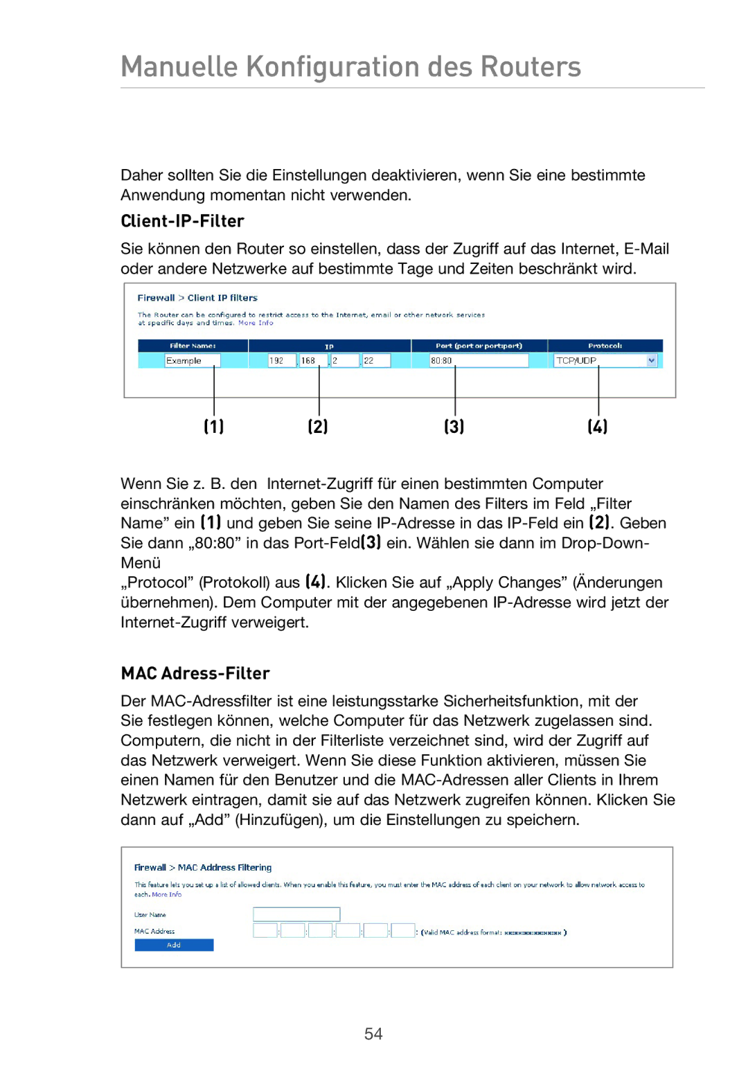 Belkin F5D9630UK4A user manual Client-IP-Filter, MAC Adress-Filter 