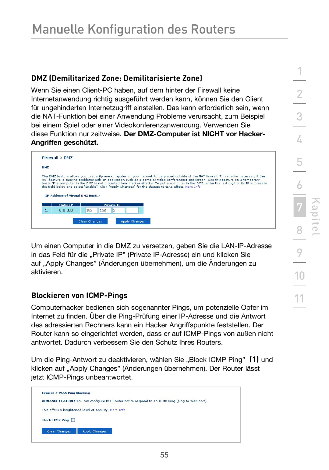 Belkin F5D9630UK4A user manual DMZ Demilitarized Zone Demilitarisierte Zone, Blockieren von ICMP-Pings, Angriffen geschützt 