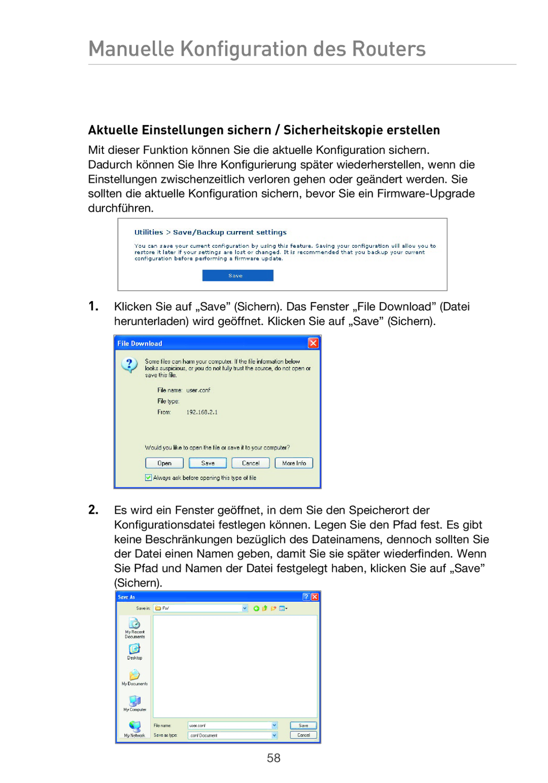 Belkin F5D9630UK4A user manual Aktuelle Einstellungen sichern / Sicherheitskopie erstellen 