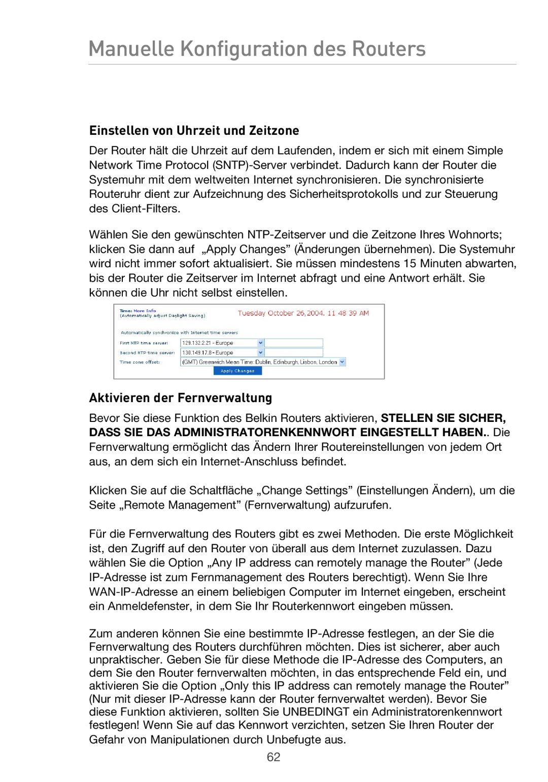 Belkin F5D9630UK4A user manual Einstellen von Uhrzeit und Zeitzone, Aktivieren der Fernverwaltung 