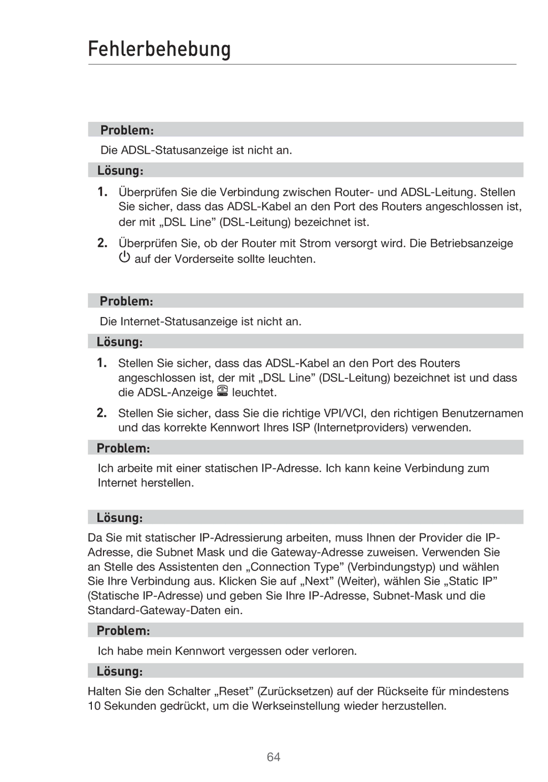 Belkin F5D9630UK4A user manual Fehlerbehebung, Lösung 