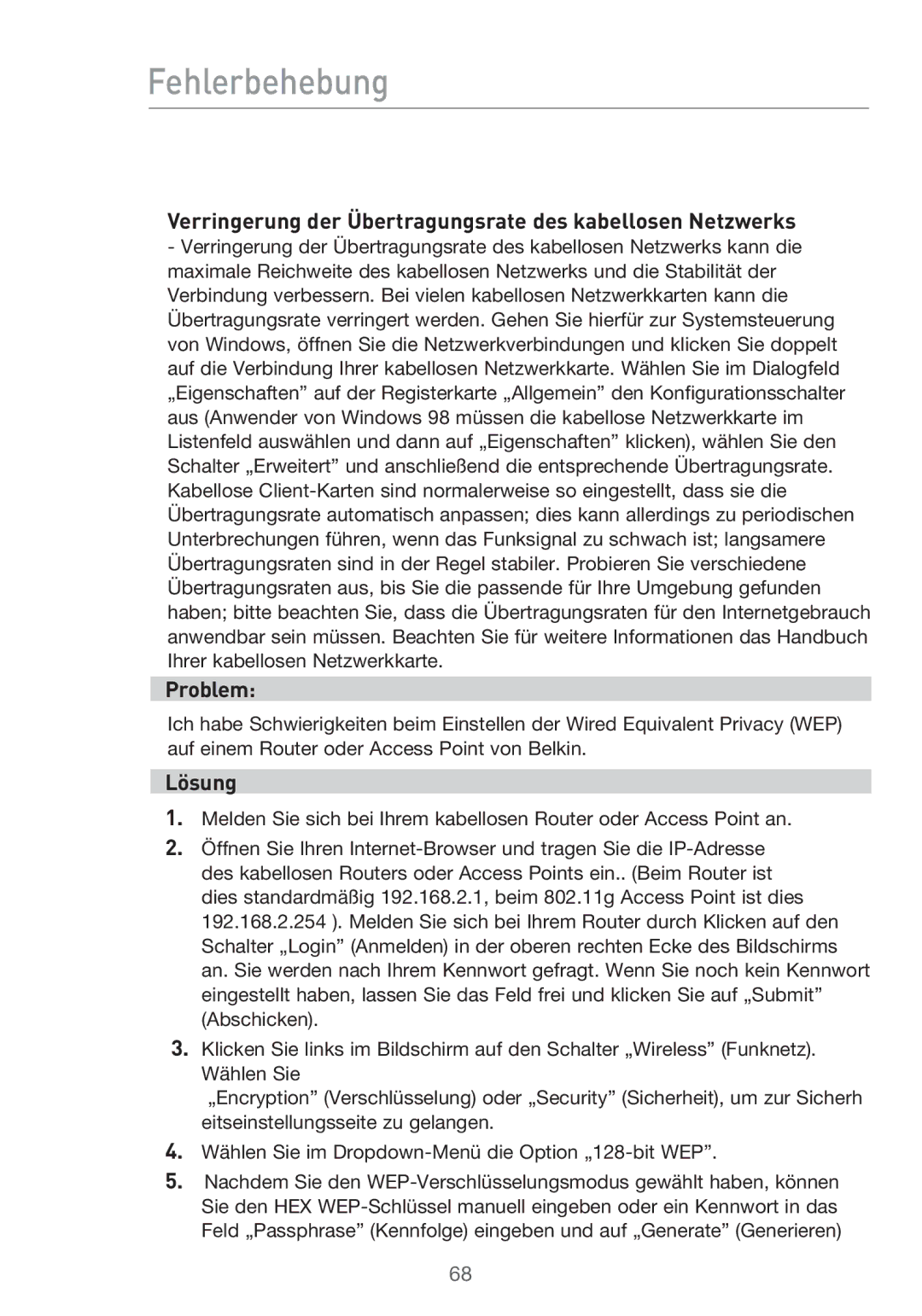 Belkin F5D9630UK4A user manual Verringerung der Übertragungsrate des kabellosen Netzwerks 