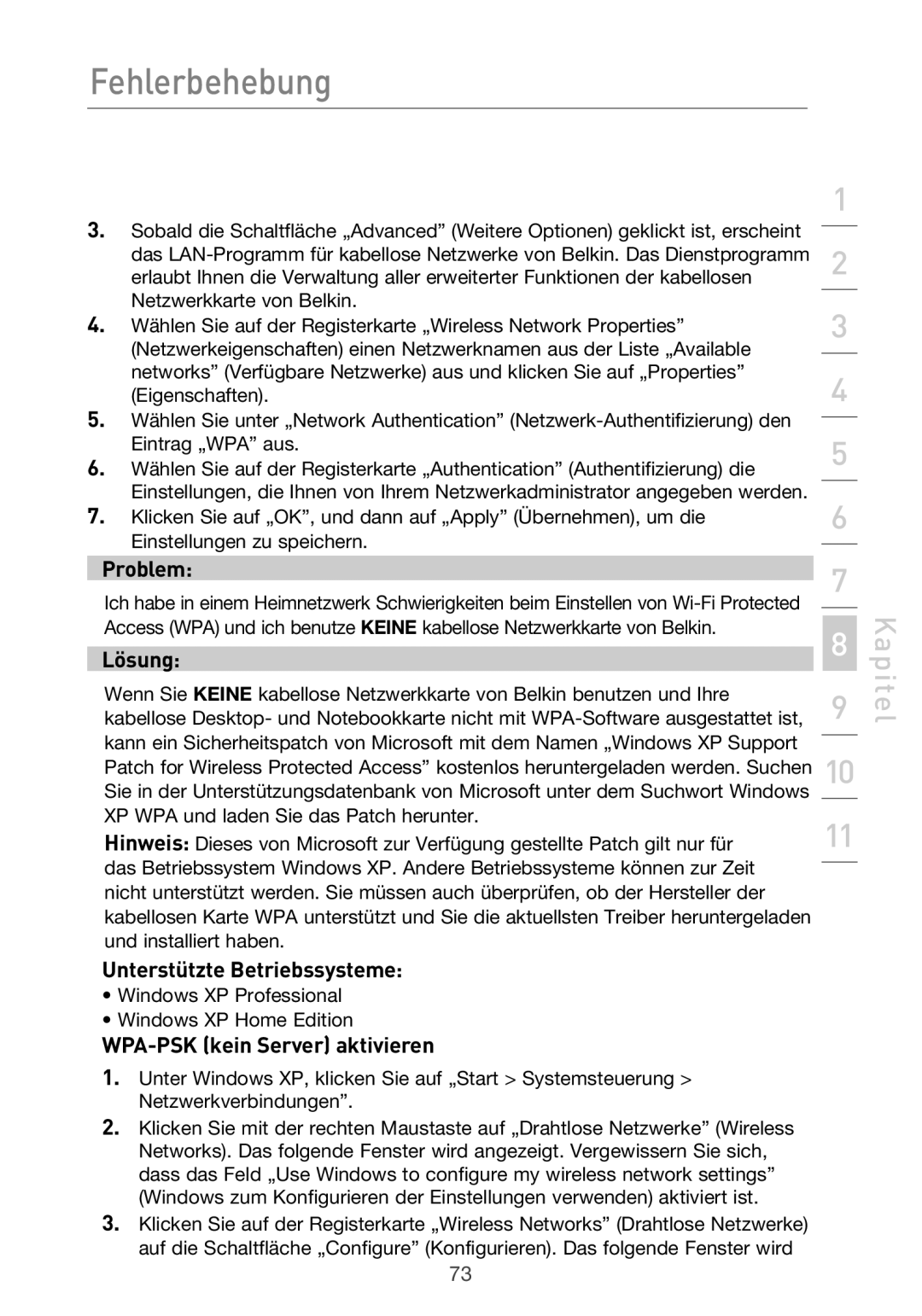 Belkin F5D9630UK4A user manual Unterstützte Betriebssysteme, WPA-PSK kein Server aktivieren 