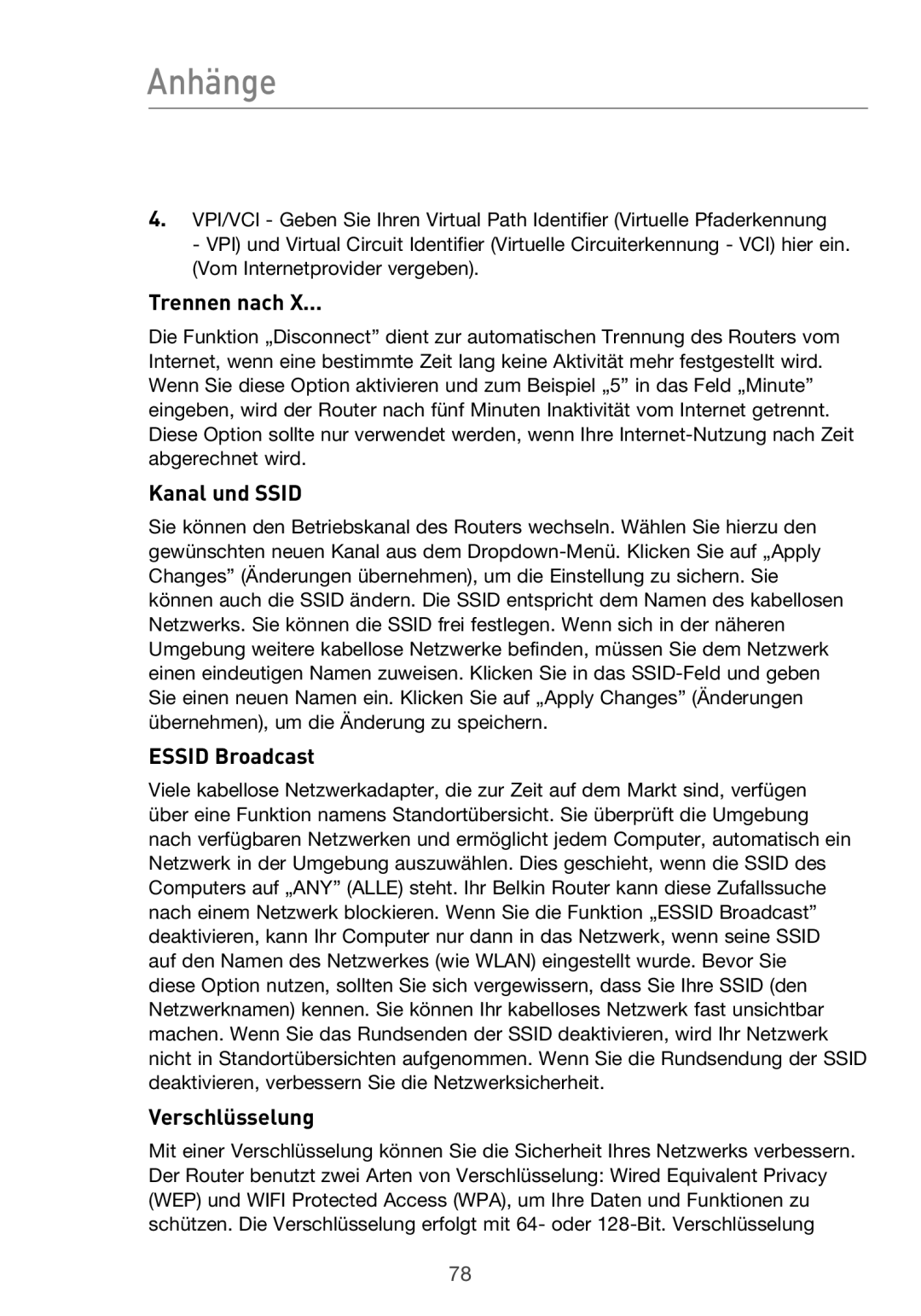 Belkin F5D9630UK4A user manual Anhänge, Trennen nach, Kanal und Ssid, Verschlüsselung 