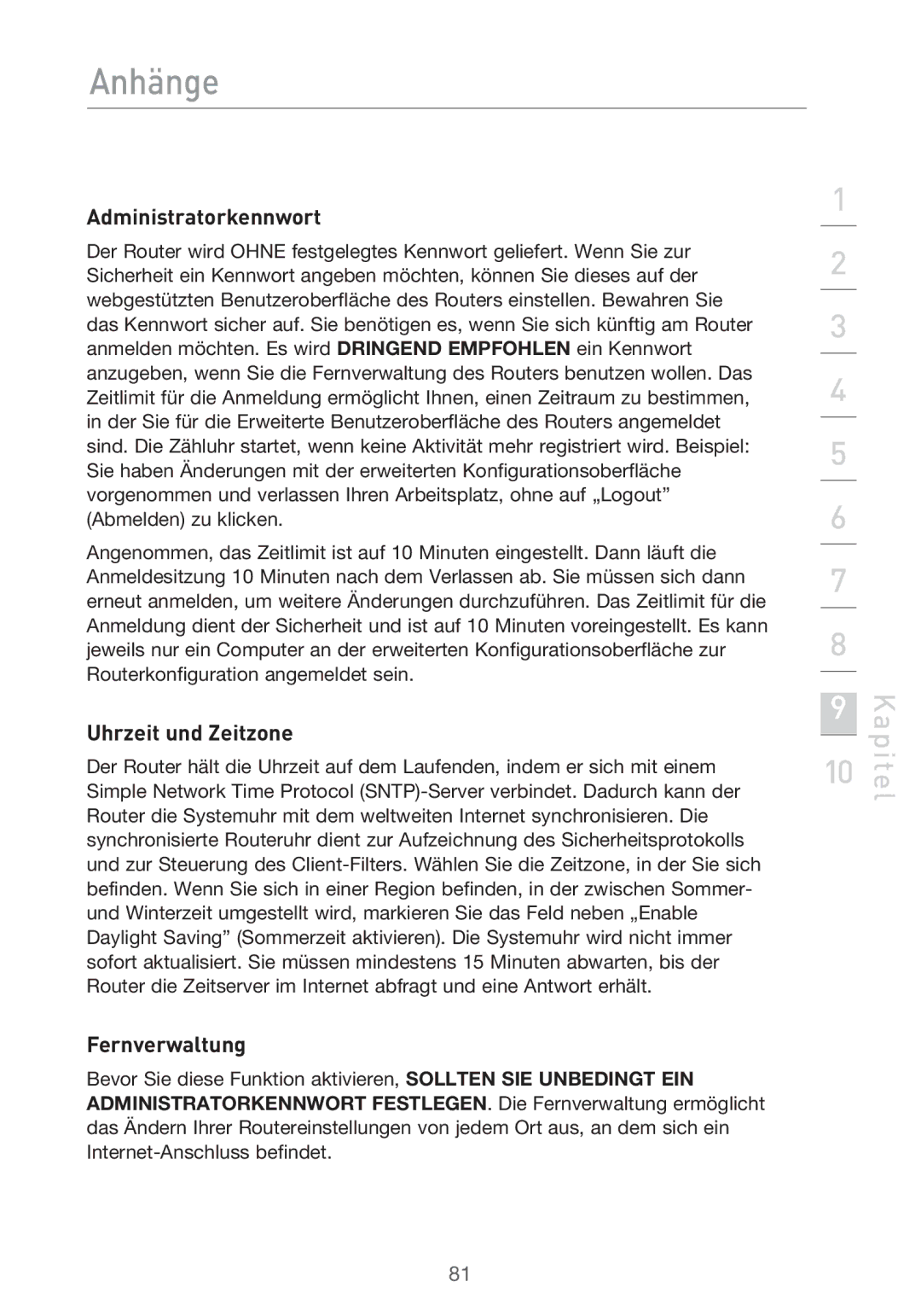 Belkin F5D9630UK4A user manual Administratorkennwort, Uhrzeit und Zeitzone, Fernverwaltung 