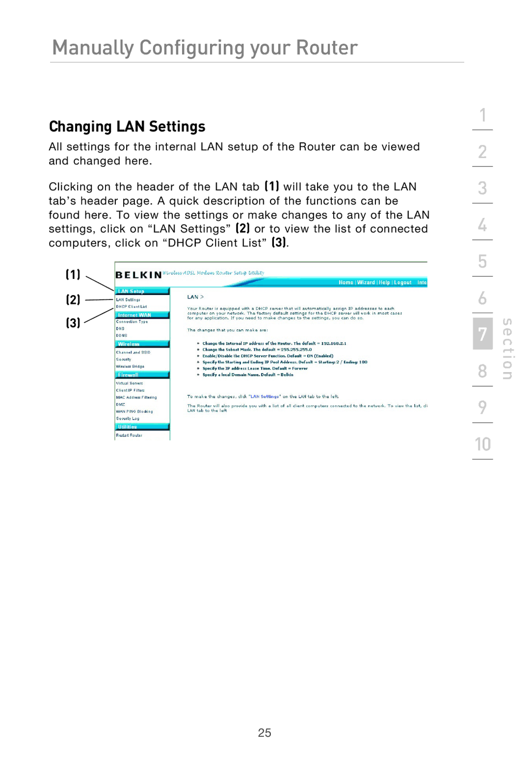 Belkin F5D9630UK4A user manual Changing LAN Settings 