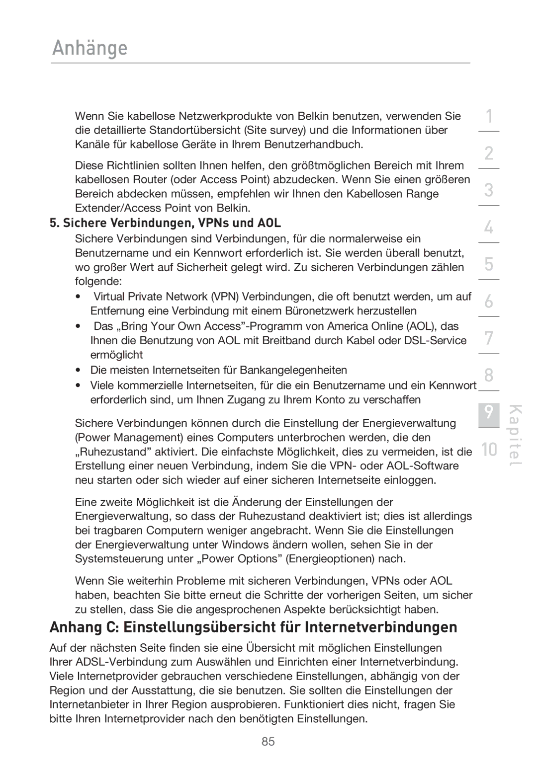 Belkin F5D9630UK4A user manual Anhang C Einstellungsübersicht für Internetverbindungen, Sichere Verbindungen, VPNs und AOL 